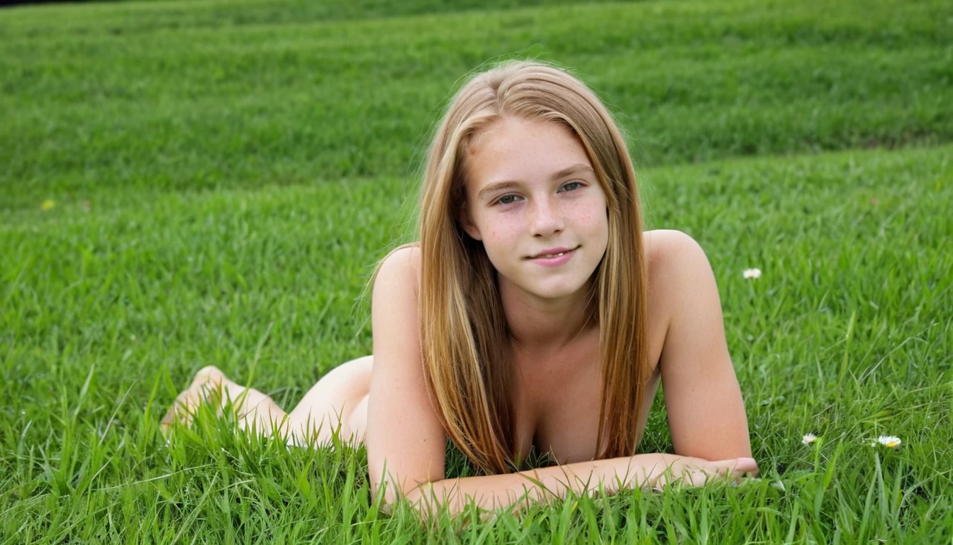RAW フォト, 最高品質, 全身像, (a ヌード American Amish cute girl lying on the grass