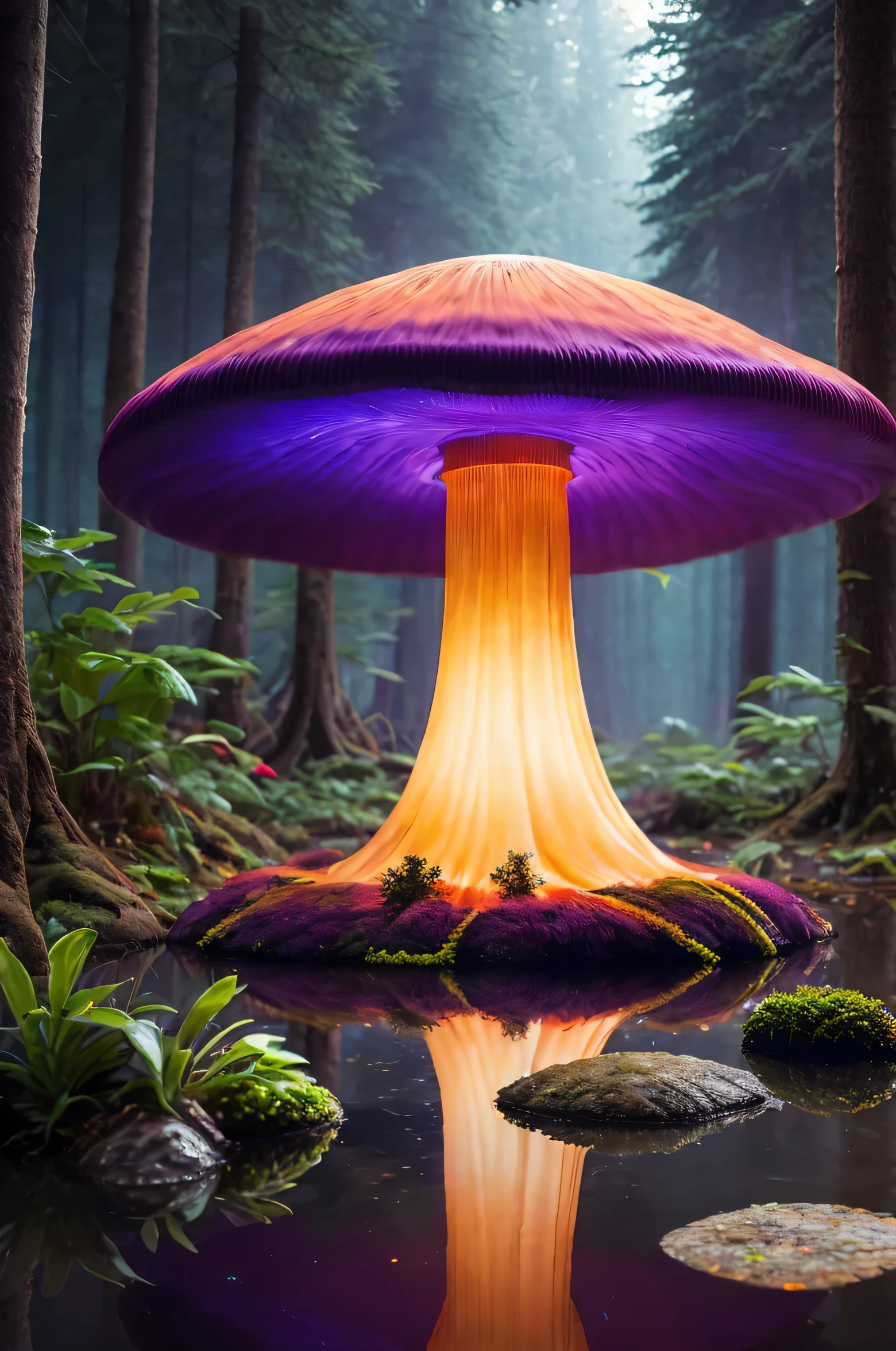 Imagine a large purple-orange luminous mushroom in the middle of an ominous forest full of strange plants and clear water, volumetric, cinematic lighting, very high quality