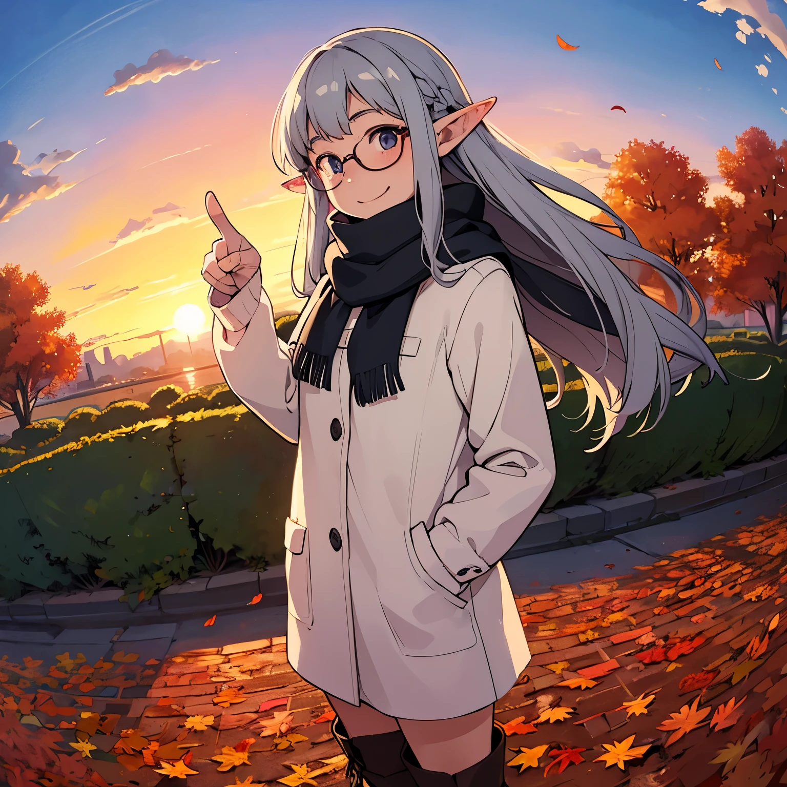   Masterpiece  ，  best quality，  high image quality，(   super flat   ,     pointing at the blackboard with flat shading  )，Elf、Glasses， beautiful gray hair、   fisheye lens ， Beautiful young mother and lovely daughter，  warm scarf， (naked)， long hair，   boots, smile, smile，White Breath，fun, play，Autumn park garden，   Fallen leaves due to uterine bleeding  ，Autumn sky，dusk，  Beautiful Sunsets  ，Wide angle，   bright color ，watercolor,  Ghibli style，Strong winds，   Girl Temptation，