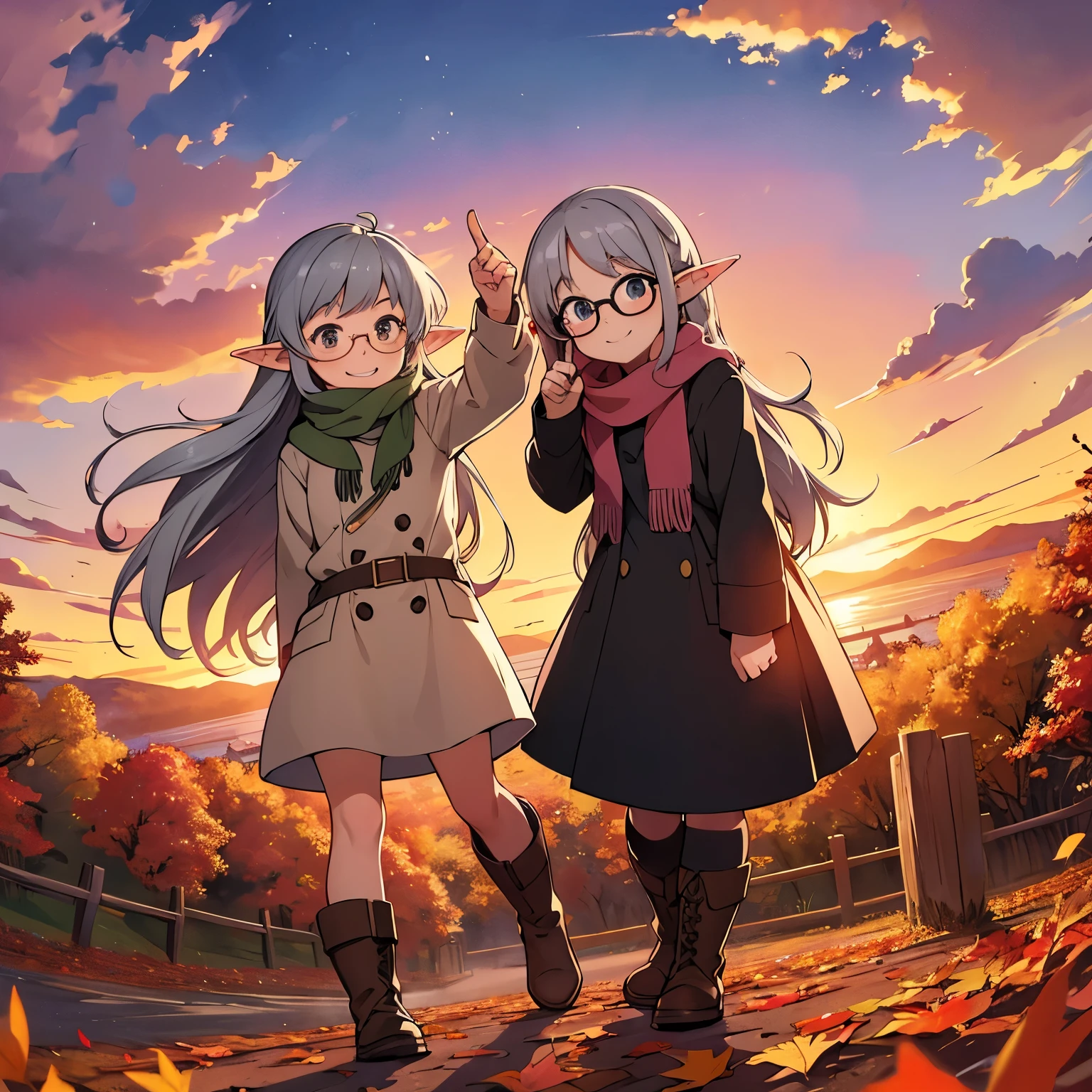   Masterpiece  ，  best quality，  high image quality，(   super flat   ,     pointing at the blackboard with flat shading  )，Elf、Glasses， beautiful gray hair、   fisheye lens ， Beautiful young mother and lovely daughter，  warm scarf， (naked)， long hair，   boots, smile, smile，White Breath，fun, play，Autumn park garden，   Fallen leaves due to uterine bleeding  ，Autumn sky，dusk，  Beautiful Sunsets  ，Wide angle，   bright color ，watercolor,  Ghibli style，Strong winds，   Girl Temptation，