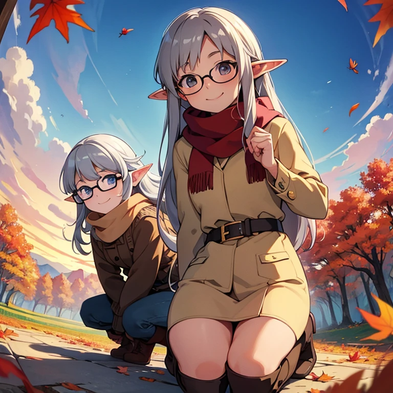  greatest masterpiece， best quality，  high image quality，( super flat， flat shading )，Elf、Glasses， beautiful gray hair、   fisheye lens ， Beautiful young mother and lovely daughter，  warm scarf， (naked)， long hair，   boots, smile, smile，White Breath，fun, play，Autumn park garden，   Fallen leaves due to uterine bleeding  ，Autumn sky，dusk，  Beautiful Sunsets  ，Wide angle，   bright color ，watercolor,  Ghibli style，Strong winds，   Girl Temptation，