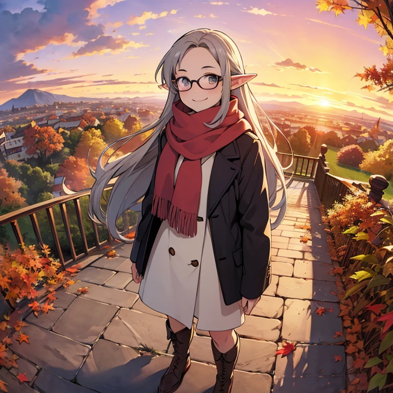  greatest masterpiece， best quality，  high image quality，( super flat， flat shading )，Elf、Glasses， beautiful gray hair、   fisheye lens ， Beautiful young mother and lovely daughter，  warm scarf， (naked)， long hair，   boots, smile, smile，White Breath，fun, play，Autumn park garden，   Fallen leaves due to uterine bleeding  ，Autumn sky，dusk，  Beautiful Sunsets  ，Wide angle，   bright color ，watercolor,  Ghibli style，Strong winds，   Girl Temptation，