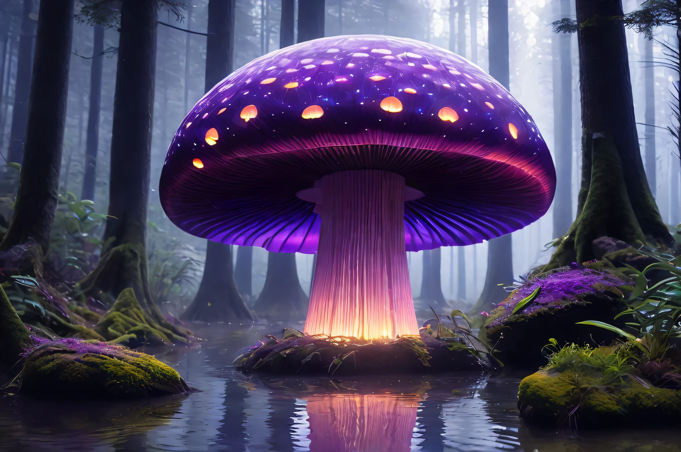 Imagine a large purple luminous mushroom in the middle of an ominous forest full of strange plants and clear water, volumetric, cinematic lighting, very high quality