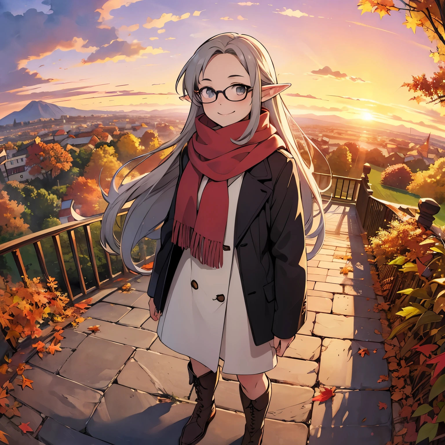  greatest masterpiece， best quality，  high image quality，( super flat， flat shading )，Elf、Glasses， beautiful gray hair、   fisheye lens ， Beautiful young mother and lovely daughter，  warm scarf， (naked)， long hair，   boots, smile, smile，White Breath，fun, play，Autumn park garden，   Fallen leaves due to uterine bleeding  ，Autumn sky，dusk，  Beautiful Sunsets  ，Wide angle，   bright color ，watercolor,  Ghibli style，Strong winds，   Girl Temptation，