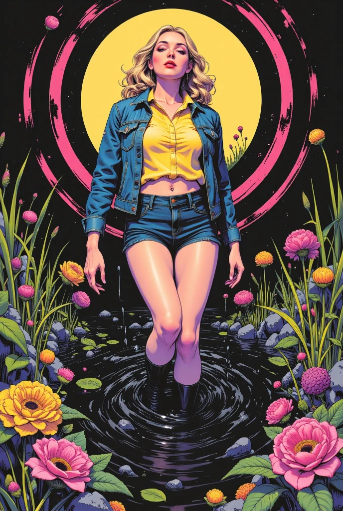 muted vivid colors, 70s abstract poster illustration, mid-aged woman in denim jeans and blouse and denim jacket,  indulging in a shameful fetishes with despair and ecstasy , drowning in a sludge swamp, floral patterns and symbols, long strong legs