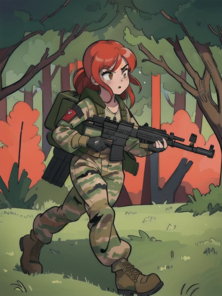 girl with red hair, with a camouflage jacket, camouflage balaclava, tactical backpack, tactical gloves,camouflage pants and army boots, In the evening he running through the forest 