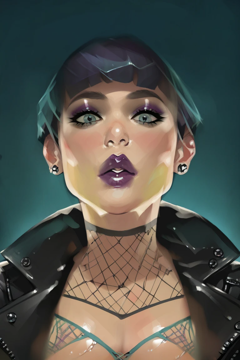 score_9, score_8_up, score_7_up, score_6_up, score_5_up, score_4_up, by Jeehyunglee, digital art, painterly.
BREAK 1girl, alt goth aesthetic, blue hair, bob cut hair, purple lipstick, long eyelashes, leather jacket, black bra, fishnet stockings, fishnet shirt, blunt bangs, adult, light blue eyes.
BREAK POV blue background, duotone background, detailed body, correct anatomy, perfect, perfect anatomy, 
BREAK (blue background:1.2),
