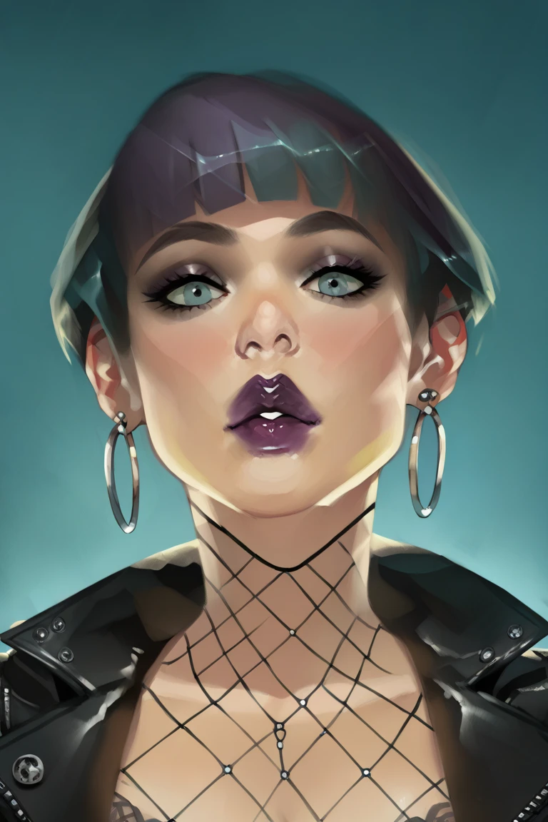 score_9, score_8_up, score_7_up, score_6_up, score_5_up, score_4_up, by Jeehyunglee, digital art, painterly.
BREAK 1girl, alt goth aesthetic, light blue hair, bob cut hair, purple lipstick, long eyelashes, leather jacket, black bra, fishnet stockings, fishnet shirt, blunt bangs, adult, light blue eyes.
BREAK POV blue background, duotone background, detailed body, correct anatomy, perfect, perfect anatomy, 
BREAK (blue background:1.2),
