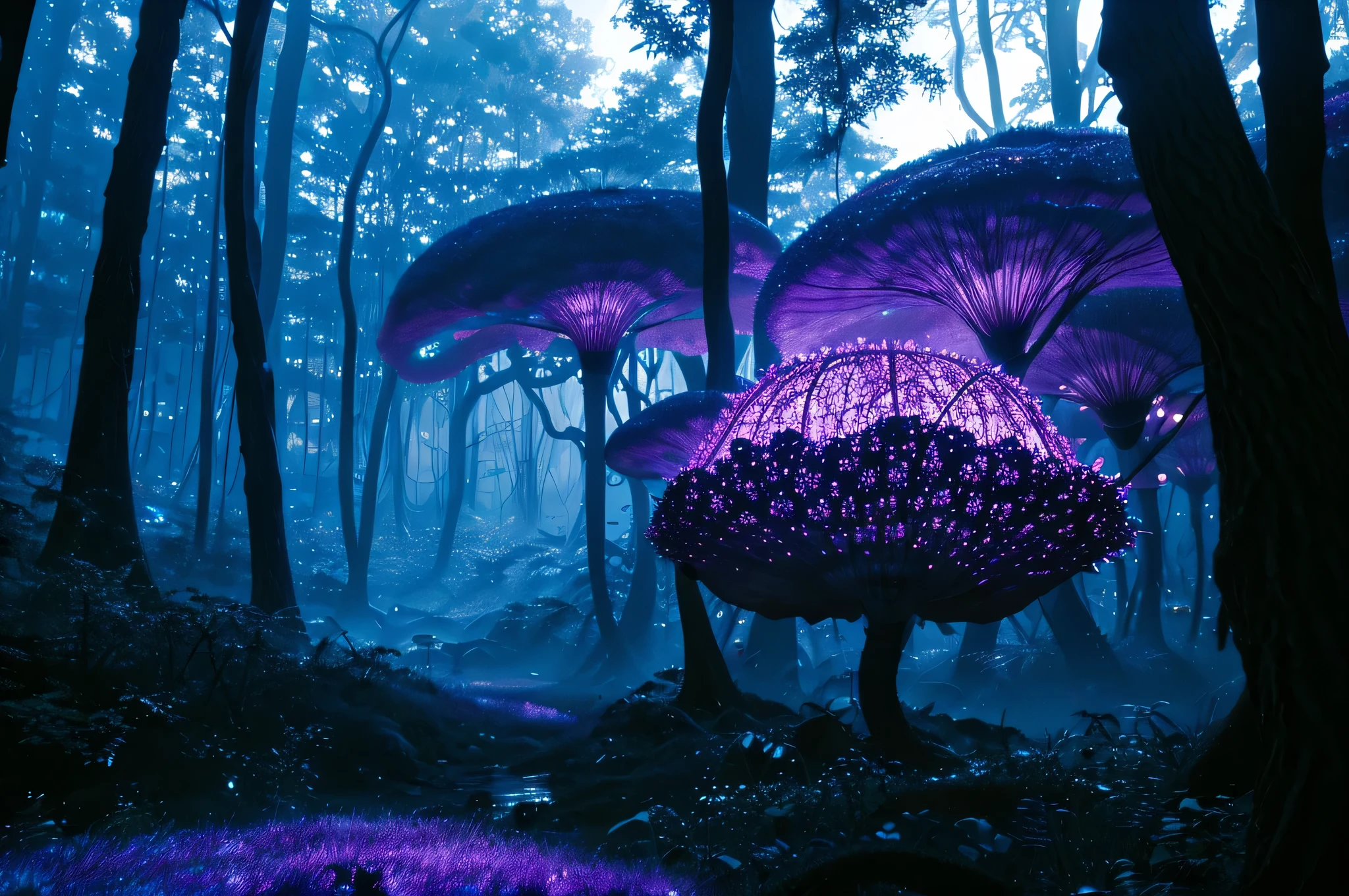 Imagine a large purple luminous mushroom in the middle of an ominous forest full of strange plants and clear water, volumetric, cinematic lighting, very high quality