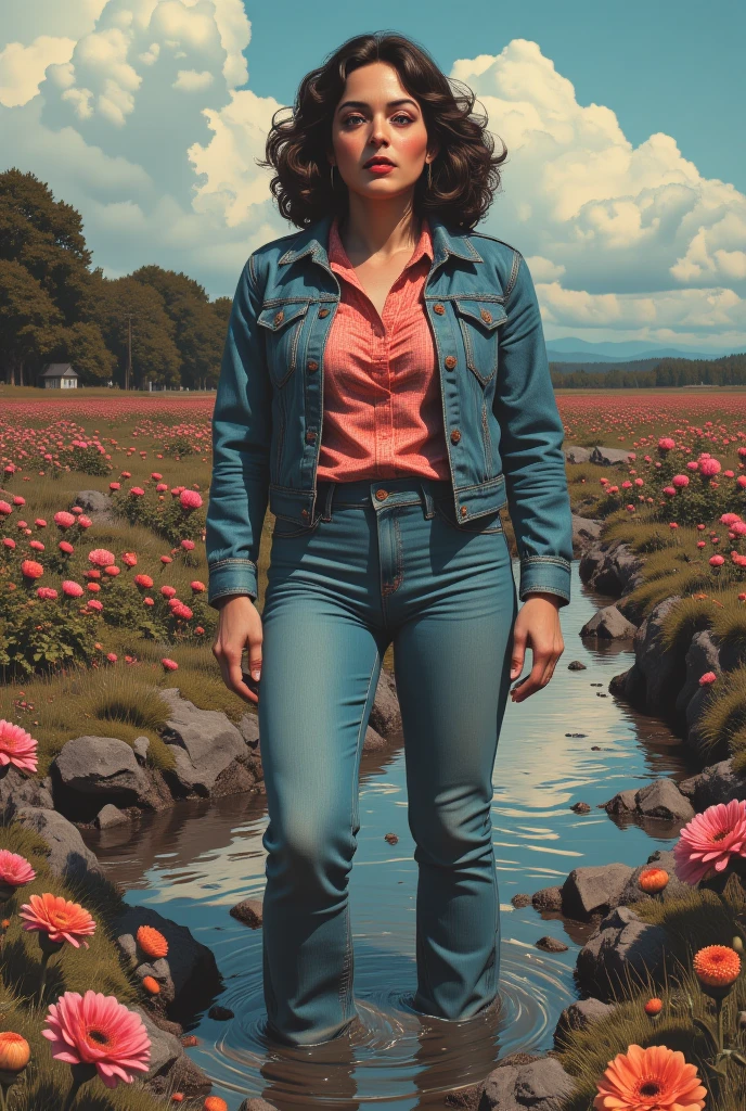 muted vivid colors, 70s abstract poster illustration, mid-aged woman in 70s tight denim jeans and blouse and denim jacket,  indulging in a shameful fetishes with despair and ecstasy , drowning in a sludge swamp, floral patterns and symbols,