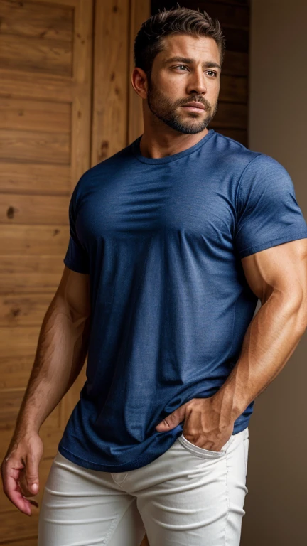 Thai man ,man ,(Blue T-shirt:1.5) ,Jeans ,He is about 30 years old..，Rough and handsome appearance，large breastsj，Big waistline，buzz cut, angry, sullen, best quality, Masterpiece，（Have muscles：4.5），(best quality,high resolution,Masterpiece:1.2),The eyes are natural and delicate..,1 person,alone,gay asian,muscle,Long legs,brave,short hair details,conjunctivitis ,strong,brown eyes, (standing in the kitchen:1.5)，in the market，sitting on the table ,smile