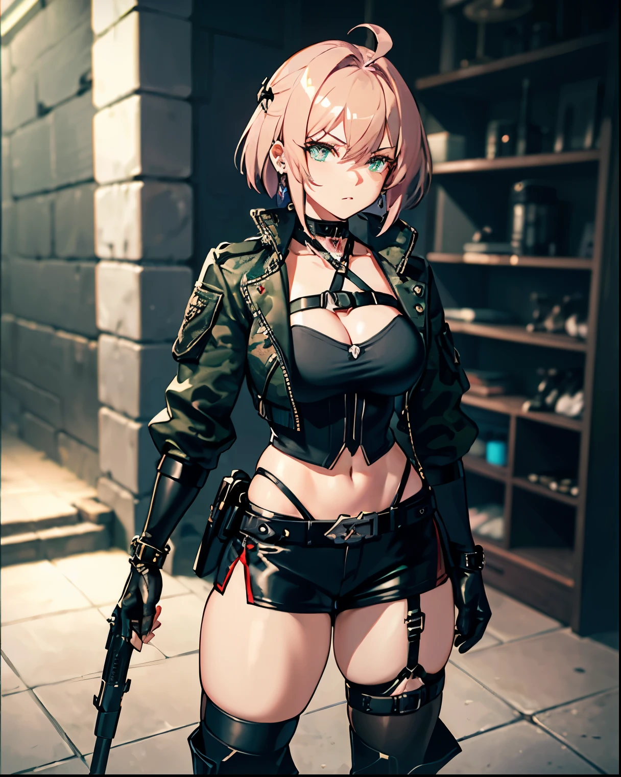 -PdetailP60,1girl, good legs, good thighs, athletic abbs,(((standing))),(((villain pose))),((supremacy attitude)),blonde hair,gradient hair,pink hair,short hair,ahoge,arrogant,aqua eyes,green eyes,villain attitude,White skin,embellished light leather,thigh strap,boots,embellished clothing,armored boots,large skirt, (((using a earclip))),choker, using a elegant earclip, add clothes ornaments,fingerless gloves,leg belt,Forest Background, medium shot,Black,Green,Gray,Brown,forest,Leather Armor,Magic Robe,View from behind,animoff, ((red camouflage)), ((1girl)), black ops, tactical maid, tactical clothes red camouflage, (tactical) black light vest, black tactical light equipment, Tactical boots, tactical straps, black tactical fingerless gloves, black tactical harness, maid battle, black tactical thigh belt, anime maid, black tactical joint protections, black Knee Pads and Elbow Pads Tactical Protection, full body, athletic body, black military straps, red camouflage uniform, red camouflage maid clothes, maid red camouflage dress, red command, black accesories, masterpiece, best quality, Attention to detail, girl full atletic body, red hair, elegant hairstyle, with red military camouflage pants, tomboy attitude, ((combat pose)), (((standing pose])), communications diadem, mesh flannel red military jacket shooting, military goggles over the hellmet, sophisticated attitude, intintimidating, tactical straps, exposed abs, back perspective, special assault unit, official art, unity 8k wallpaper, ultra detailed, beautiful and aesthetic, beautiful, masterpiece, best quality, attractive, pretty, hd quality, aesthetic