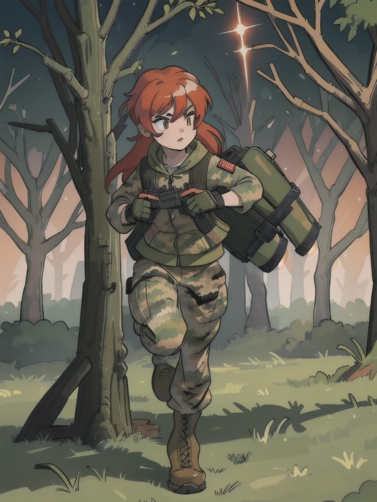 girl with red hair, with a camouflage jacket, camouflage balaclava, tactical backpack, tactical gloves,camouflage pants and army boots, In the evening he running through the forest 