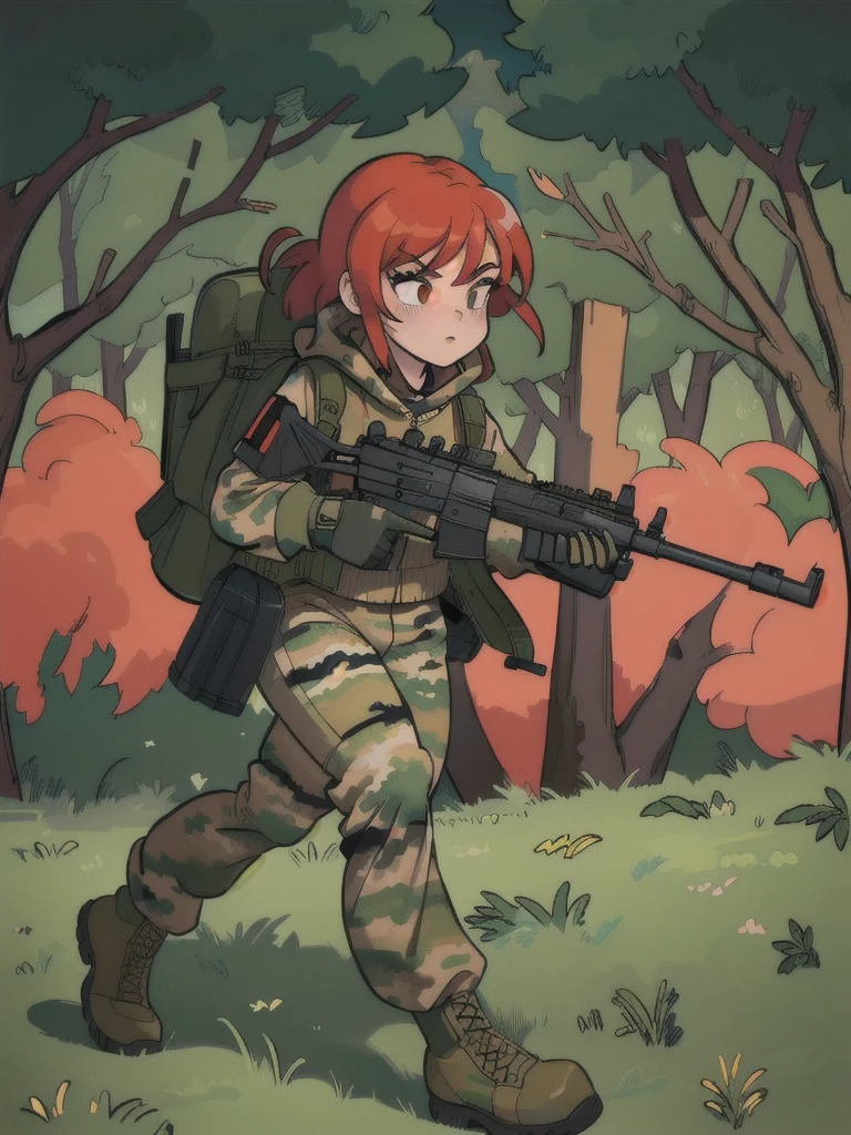 girl with red hair, with a camouflage jacket, camouflage balaclava, tactical backpack, tactical gloves,camouflage pants and army boots, In the evening he running through the forest 