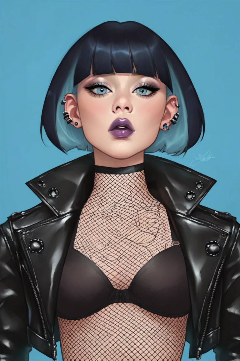 score_9, score_8_up, score_7_up, score_6_up, score_5_up, score_4_up, by Jeehyunglee, digital art, painterly.
BREAK 1girl, alt goth aesthetic, pastel blue hair, bob cut hair, purple lipstick, long eyelashes, leather jacket, black bra, fishnet stockings, fishnet shirt, blunt bangs, adult, light blue eyes.
BREAK POV blue background, duotone background, detailed body, correct anatomy, perfect, perfect anatomy, 
BREAK (blue background:1.2),
