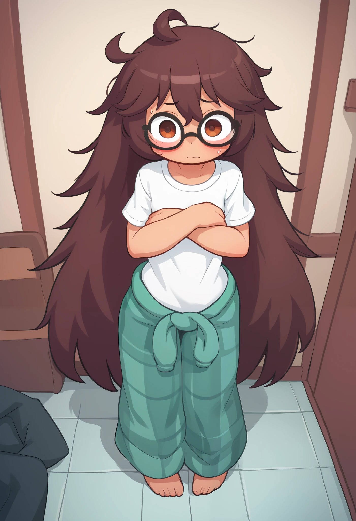 Small girl, young, full body, (solo 0.6), dark brown hair, fluffy hair, puffy hair, messy hair, very long hair, long bangs, messy bangs, skinny girl, skinny body, skinny legs, skinny thighs, slender body, thin waist, flat chest, large oversized shirt, white t-shirt, ( white shirt 0.9), green flannel sweat pants, loose clothing, glasses, pov from above, covering chest, arms crossed, indoors, intense blushing, brown eyes, blush lines, embarassed, big eyes, , cute,