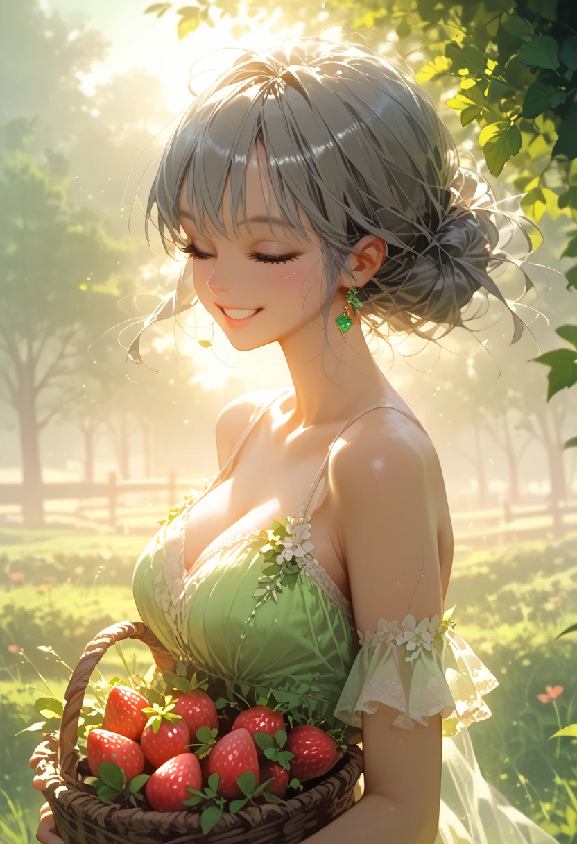   girl long   ,   Pasture  ,  beautiful color ,    girl with gray hair strawberry bushes collects strawberries in a basket,  bright color,  sun rays , warm, Light clothing ,  Beautiful and happy  ,  Green Grass , 8K Yen,   Masterpiece  ,    best quality  , Shine,