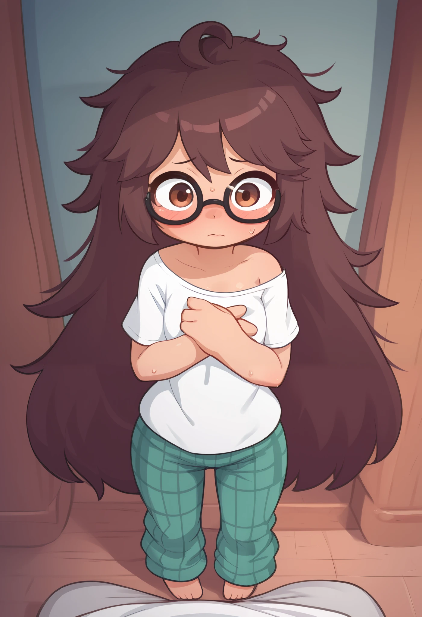  girl, young, full body, (solo 0.6), dark brown hair, fluffy hair, puffy hair, messy hair, very long hair, long bangs, messy bangs, skinny girl, skinny body, skinny legs, skinny thighs, slender body, thin waist, flat chest, large oversized shirt, white t-shirt, ( white shirt 0.9), green flannel sweat pants, loose clothing, glasses, pov from above, covering chest, arms crossed, indoors, intense blushing, brown eyes, blush lines, embarassed, big eyes, , cute,