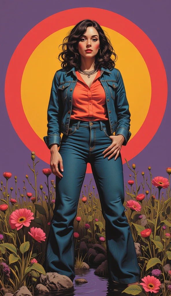 muted vivid colors, 70s abstract poster illustration, mid-aged woman in flared tight denim high-waisted jeans and blouse and denim jacket,  indulging in a shameful fetishes with despair and ecstasy , drowning in a sludge swamp, floral patterns and symbols,