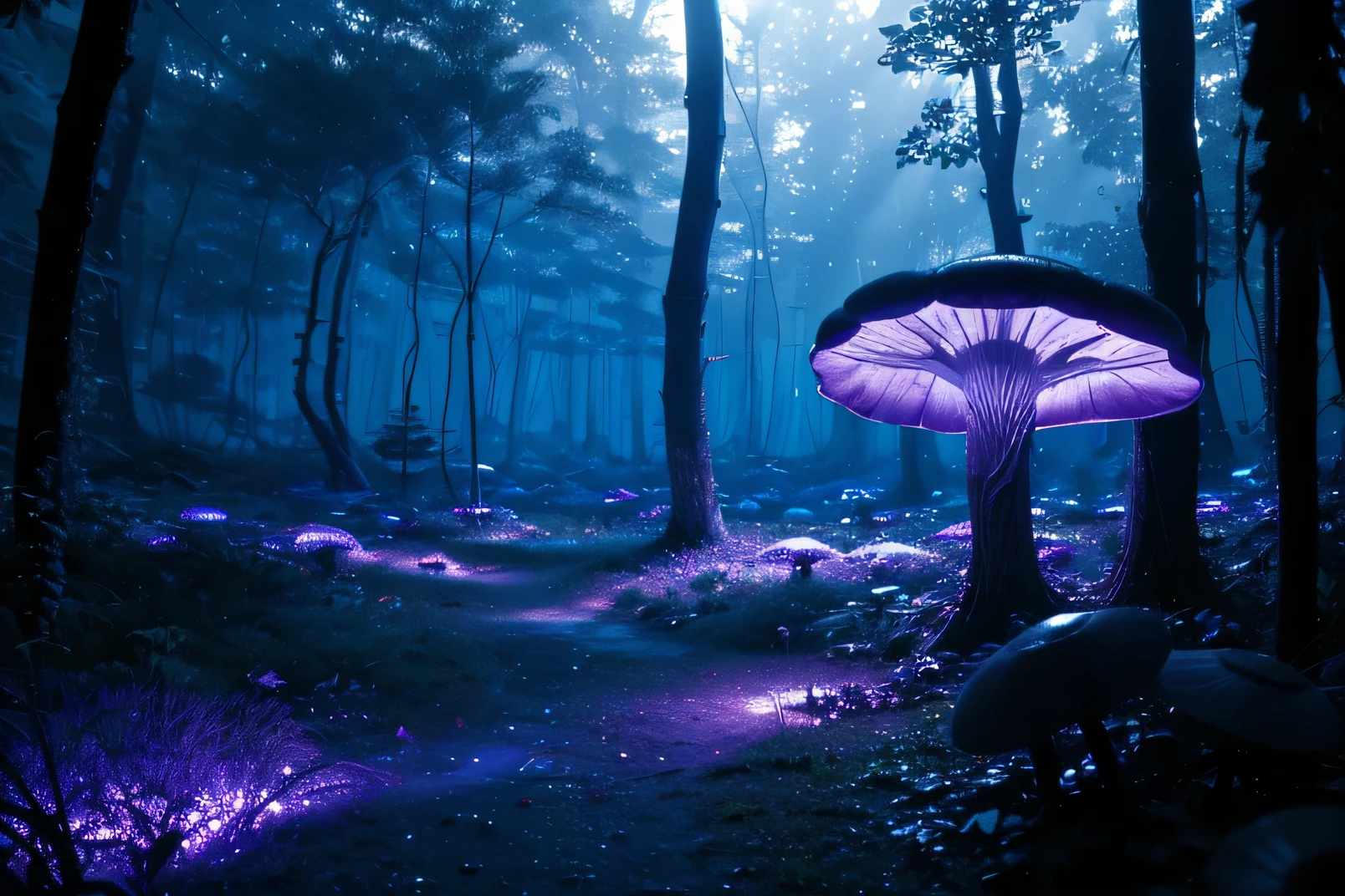 Imagine a large purple luminous mushroom in the middle of an ominous forest full of strange plants and clear water, volumetric, cinematic lighting, very high quality