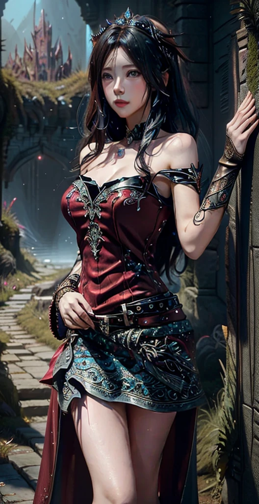 Full body image a close up of a mature woman in a Red dress posing for a picture with long hair and a gem on her chest, fantasy dress, intricate fantasy dress, fantasy outfit, elegant cinematic pose, beautiful queen, wearing fantasy formal clothing, ornate cosplay, astral witch clothes, succubus in tight short dress, a beautiful sorceress, from overwatch, detailed fantasy art, beautiful queen, epic fantasy art style hd, fantasy gorgeous lighting, dark elf princess, beautiful fantasy art, highly detailed fantasy art, fantasy art style, anime fantasy artwork, 4k fantasy art, beautiful fantasy anime, epic fantasy art style