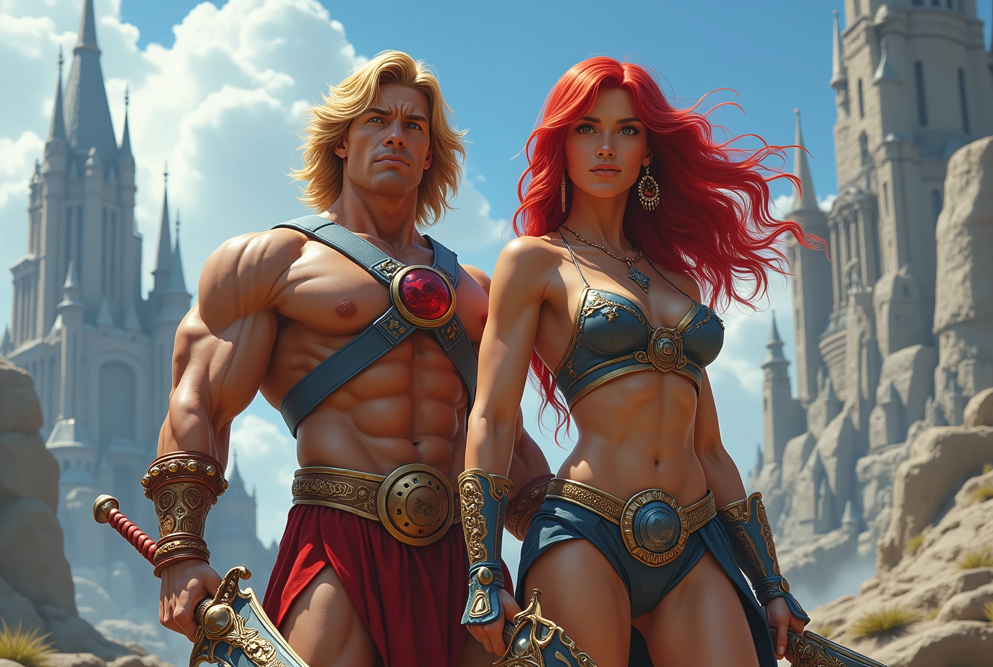 depth of field, photorealistic, 4k, high detailed , 2 full body people in frame ( a man and woman, in focus), he-man, (detailed handsome face and wavy blonde hair, large thick muscles, strong jaw, defined eyes, defined mouth, defined nose, strong muscular neck), standing next to teela (a beautiful woman with red hair, athletic and sexy body), standing in eternia holding magic swords, magical sky, tall fantasy buildings in the background, castle greyskull