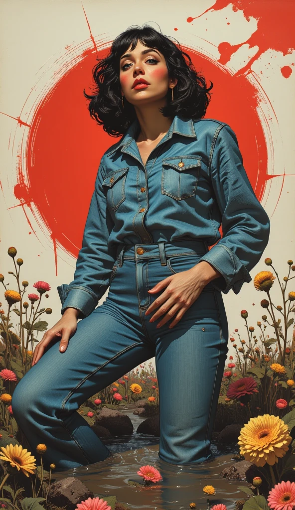 muted vivid colors, 70s abstract poster illustration, mid-aged woman in flared tight denim high-waisted jeans and blouse and denim jacket,  indulging in a shameful fetishes with despair and ecstasy , drowning in a sludge swamp, floral patterns and symbols, close-up