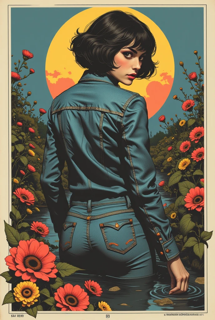 muted vivid colors, 70s abstract poster illustration, mid-aged woman in 70s tight denim jeans and blouse and denim jacket,  indulging in a shameful fetishes with despair and ecstasy , drowning in a sludge swamp, floral patterns and symbols, turns back, close-up