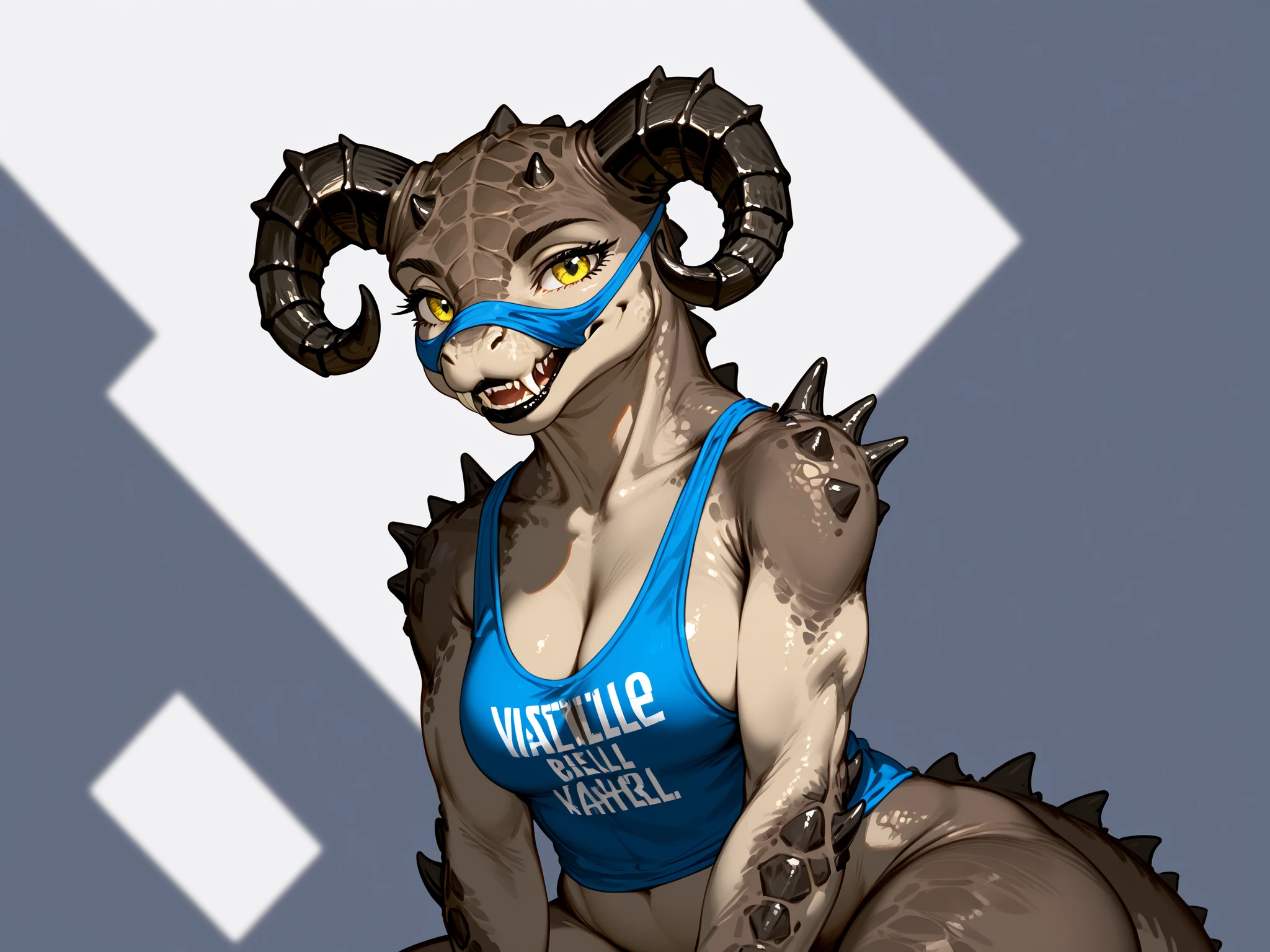 (((Masterpiece))), ((4k)), (best body), Solo, score_9,score_8_up,score_7_up, kemono style, Anthro deathclaw from fallout, Anthro reptile girl, snout, green scaled skin, gold eyes, black lips, black horns, black ram horns, athletic body, smiling, wearing  laced tank top and a small blue vail over bridge of nose, (detailed background), (full body) digitigrade legs, 