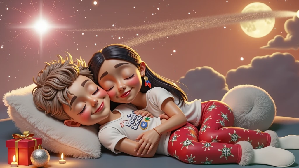 A touching and high resolution 3D illustration inspired by Disney Pixar art, featuring a cute boy and girl, lying down and surely asleep under the night sky. They are hugging each other, their faces resting gently on the soft cloud-shaped pillow, and smiling slightly. The boy has very light brown hair slightly curly, cut short on the sides, and tanned skin, while the girl has long, straight, black hair with a colorful feather earring and light brown skin of a Brazilian Indian, beautiful, sensual, attractive and provocative, . They wear white T-shirts and red pants adorned with Christmas motifs and white Christmas socks. The sky above them is bathed in an orange hue, with starry stars twinkling and a guiding star shining brightly. A full moon is eclipsed by the shadow of a flying sleigh that leaves a radiant trail in its wake. The scene exudes a vibrant, Christmassy feel in a breathtaking landscape, where they appear to sleep among white cumulonimbus clouds.