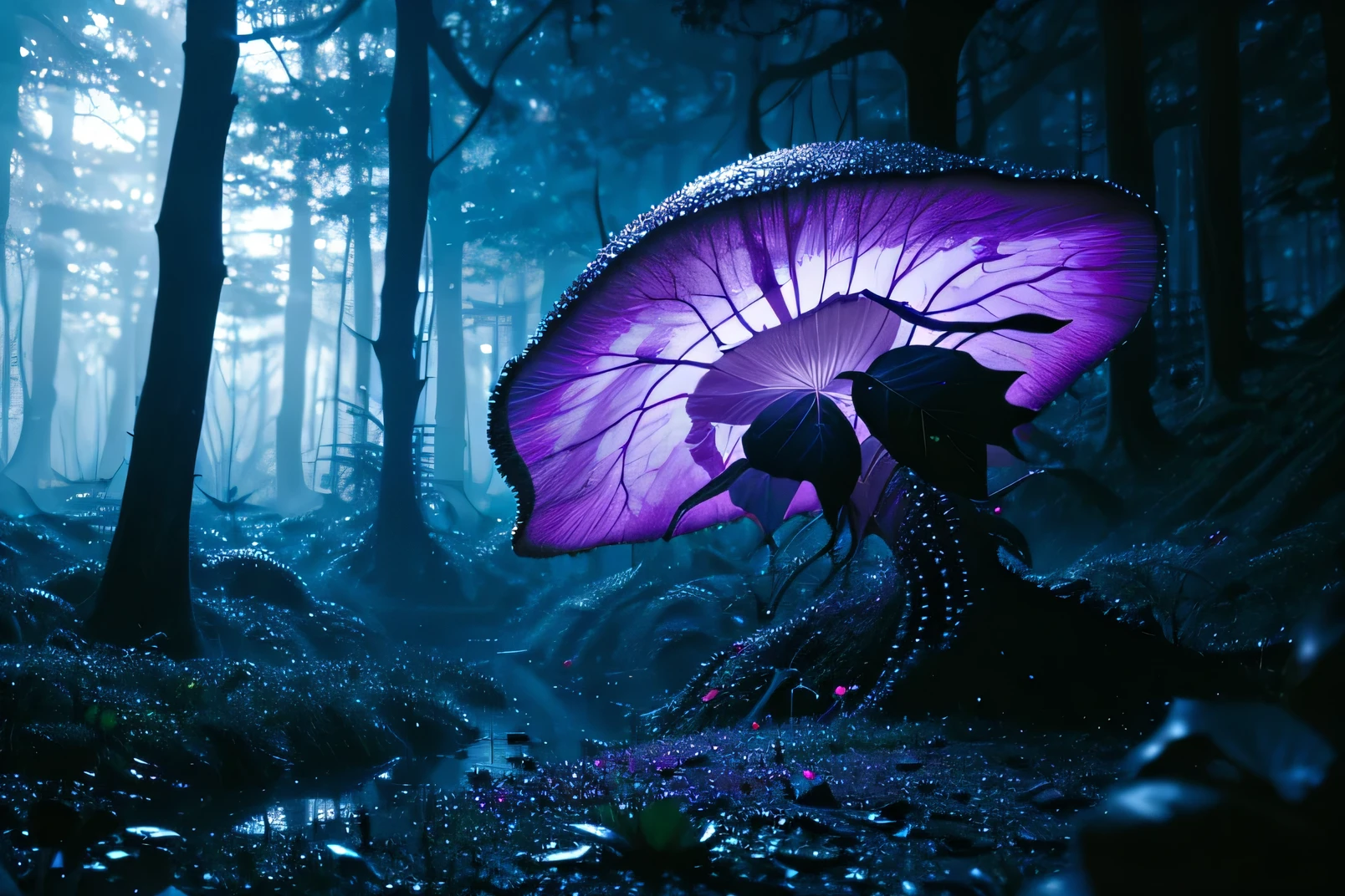 Imagine a large purple-orange luminous mushroom in the middle of an ominous forest full of strange plants and clear water, volumetric, cinematic lighting, very high quality