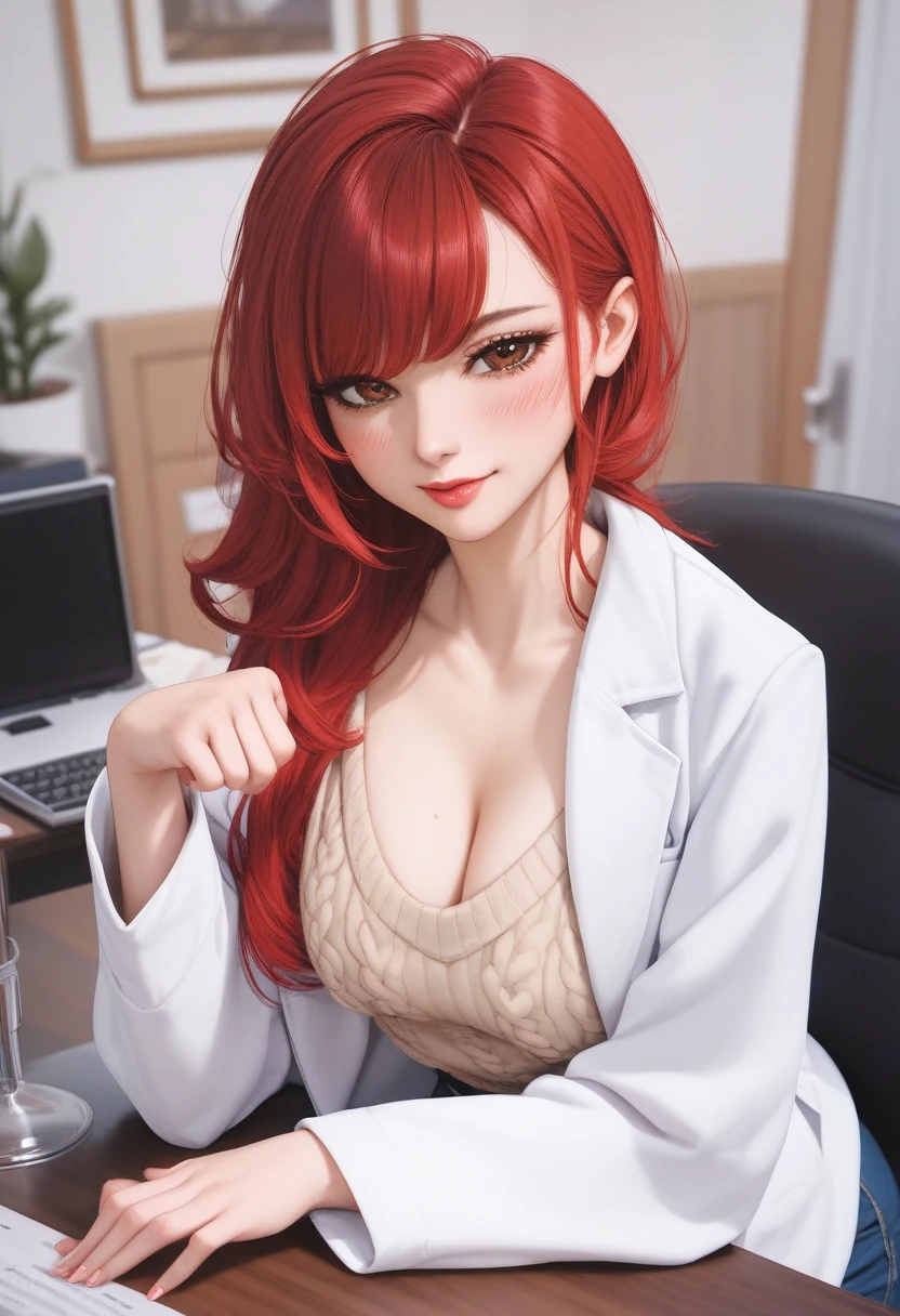 (adult woman), Blush, very horny, light skin, lab coat, sweater shirt,  jeans,  long red hair, ( brown eyes ), (naughty look), beautiful face, chest, Sensual, highest quality,sitting pose, (Bottom: On the office table)