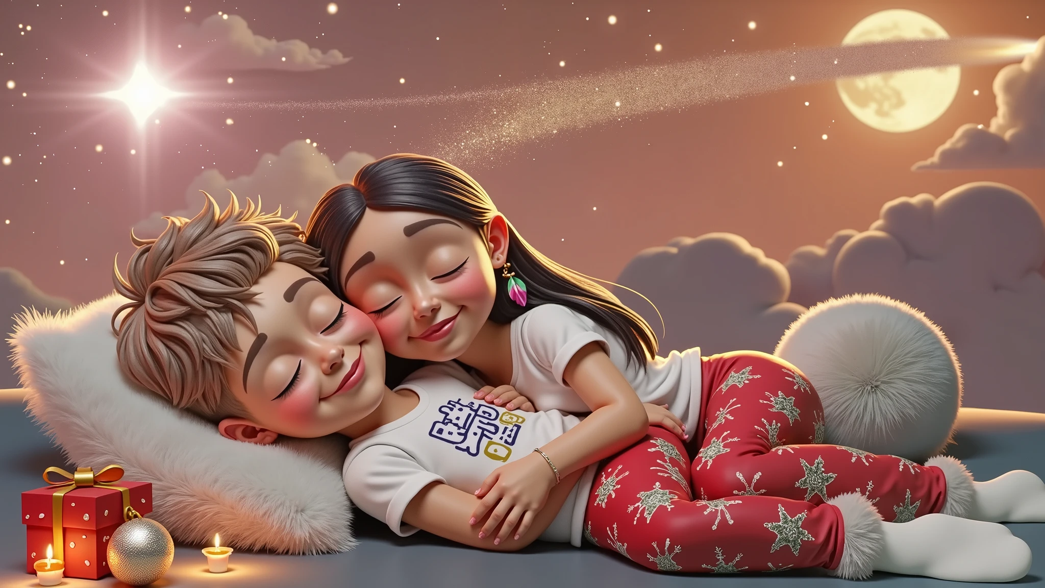 A touching and high resolution 3D illustration inspired by Disney Pixar art, featuring a cute boy and girl, lying down and surely asleep under the night sky. They are hugging each other, their faces resting gently on the soft cloud-shaped pillow, and smiling slightly. The boy has very light brown hair slightly curly, cut short on the sides, and tanned skin, while the girl has long, straight, black hair with a colorful feather earring and light brown skin of a Brazilian Indian, beautiful, sensual, attractive and provocative, . They wear white T-shirts and red pants adorned with Christmas motifs and white Christmas socks. The sky above them is bathed in an orange hue, with starry stars twinkling and a guiding star shining brightly. A full moon is eclipsed by the shadow of a flying sleigh that leaves a radiant trail in its wake. The scene exudes a vibrant, Christmassy feel in a breathtaking landscape, where they appear to sleep among white cumulonimbus clouds.