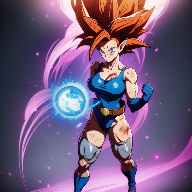 dbsuper style, 1
Girl, captain mizuki, green aura, super saiyan's aura, belt, pointed ears, elf ears, Red colored hair, huge hair, bruise, bruise on face, clenched hands, frown, gloves, blue eyes, grey gloves, evil grin, medium breasts, Aura around her, solo, high ponytail, mouth opened, furious, saiyan armor, armor,  powering up aura
, ((masterpiece)) 
