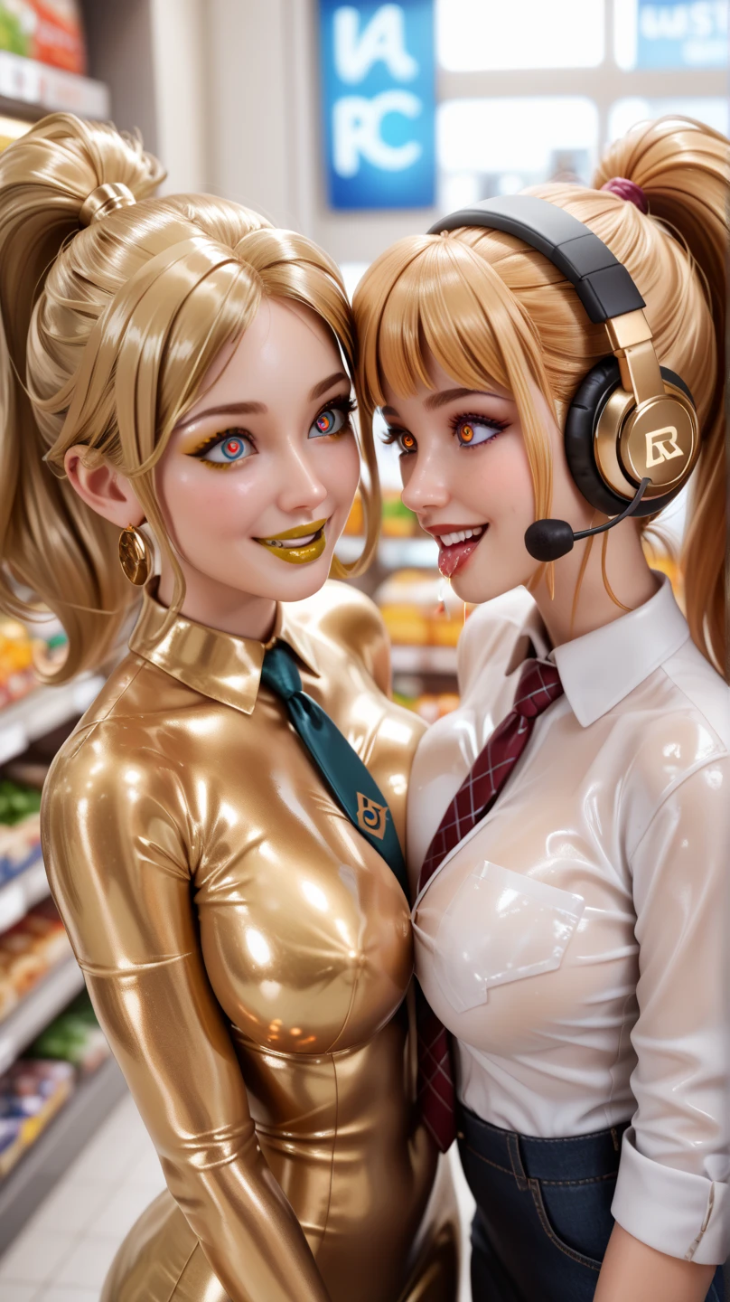 Mother and 2 girls buttoned in extremely tight shiny golden latex shirt blouse,  ponytail, smile, saliva, salivafluss, salivaspur, Spiral eyes, Lens reflection, Reflected light, Are there heavy gold makeup in the clothes store and shopping,  very strong shiny skin,from above, Ultraweitwinkel, shiny gold lipstick, headphones, Necktie,golden hair, 