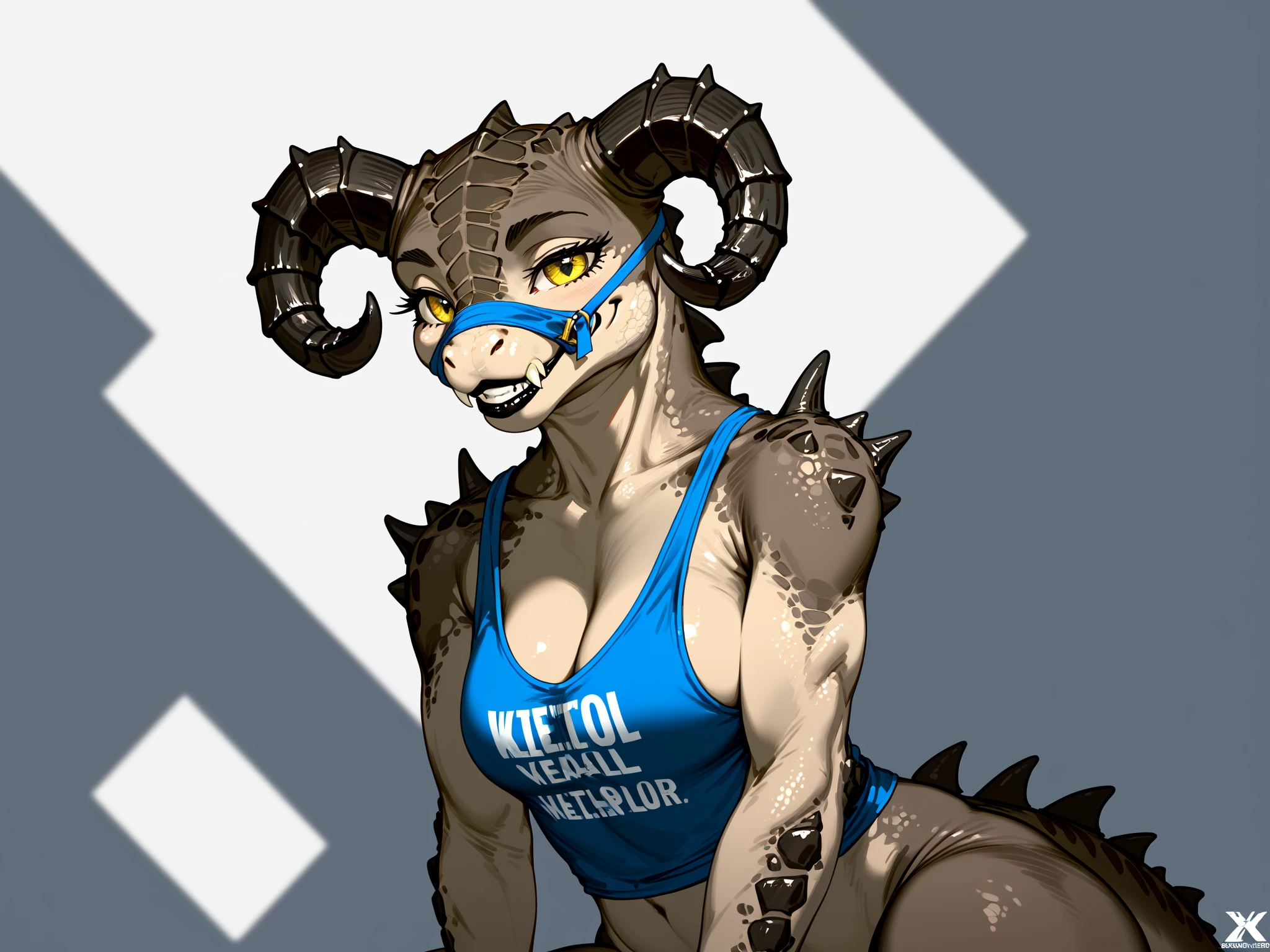 (((Masterpiece))), ((4k)), (best body), Solo, score_9,score_8_up,score_7_up, kemono style, Anthro deathclaw from fallout, Anthro reptile girl, snout, green scaled skin, gold eyes, black lips, black horns, black ram horns, athletic body, smiling, wearing  laced tank top and a small blue vail over bridge of nose, (detailed background), (full body) digitigrade legs, 