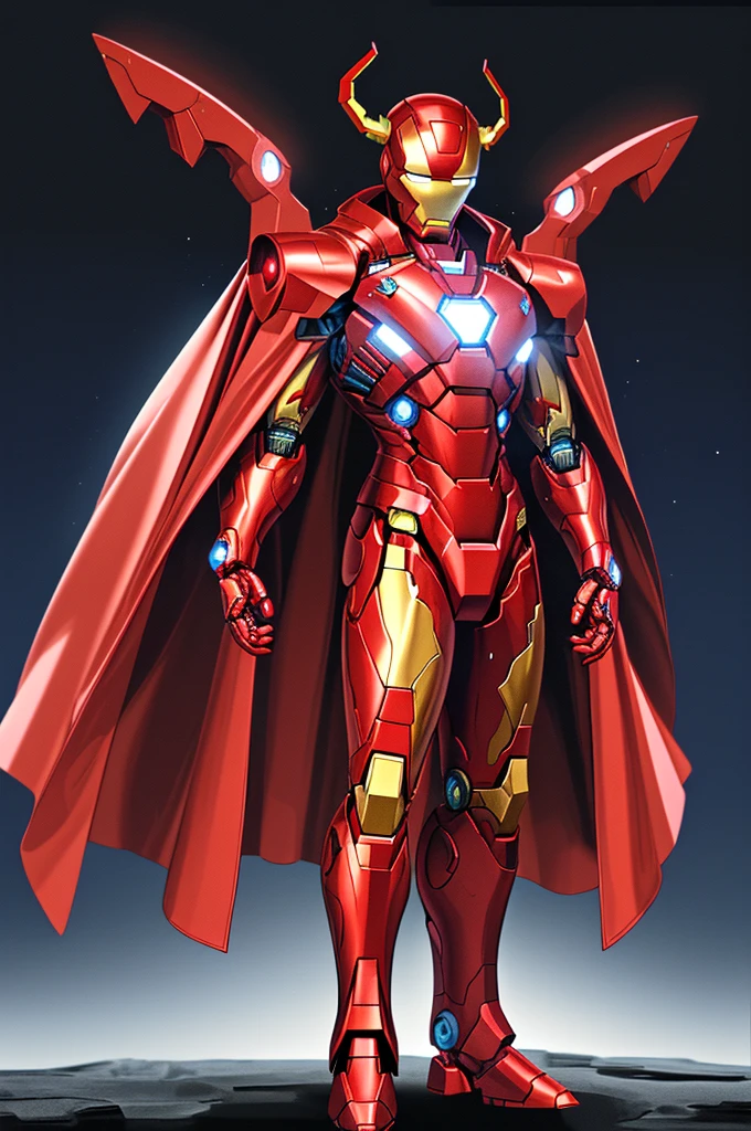 (masterpiece, 4k, realistic, hight resolution) a man standing tall in an iron man robot robe, the robot's cape colors are red and yellow, with head turns into a robot that has two large red horns, cinematic photo, dark blue galaxy background