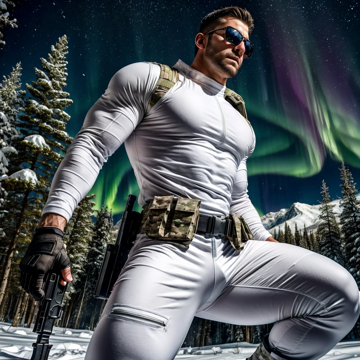 1 stocky shirtless Russian gay is standing with his legs and thighs opened and spread in the snow with wide landscape of snowfield , 1 man only, no other people, iceblocks and icelake and snow scene, he is wearing white fur gloves, fur woolen hat to cover snow , moustache, facial hair, white transparent thong bikini highlighting big bulge and big butts, Wear knee-length fur shoes.,masculine and stocky, shirtless, handsome face with detailed facial features, shirtless and wearing nothing, correct accurate male anatomy,skinny boy body, muscle body,sport body, big muscle, Handsome face, wet oiled waxy shiny greasy muscles and skin, flawless white skin, masterpiece, professional DSLR shoot and retouching, illustration art, shadow, highlight, sharpness, depth of field, dessert and Russian snow field environment, sexy, hot gay erotic illustration art, sexy and hot