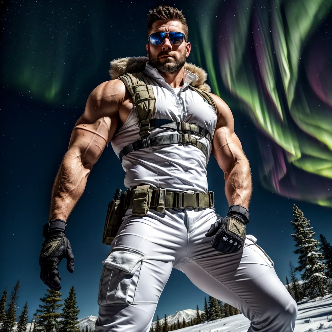 (Extremely detailed 8k wallpaper), A strong Chinese man in a white thong stands alone on a snowy mountain，There are beautiful auroras，High detail, short detailed hair，Short beard perfect figure with tattoos, Very huge and strong body, Bulging muscles, musculous, Very large pectoral muscles，Very sexy abs，The legs are muscular，Tall and mighty，Exposed Body，Tall and burly，toned figure，Huge raised genital area，Brightens oily skin，Muscular。