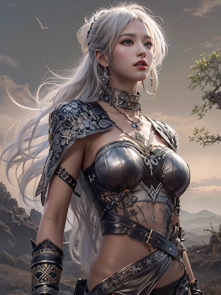 photorealistic, high resolution, 1 girl, hips up, white long hair, beautiful eyes, normal breast, dark souls style, armor