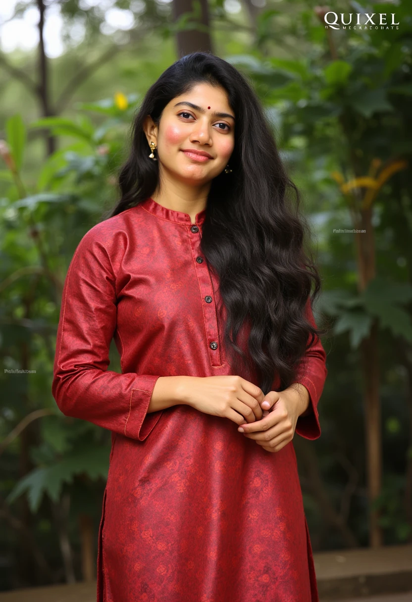 RAW photo, photo of beautiful 24 year old Indian woman, cute face, wearing maroon long dress with full sleeves, smiling face, hard shadows, cinematic shot, day photo, quite slim, candid, fair tone, wearing a simple gold pendent