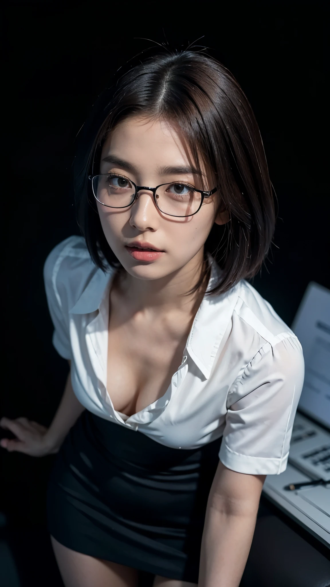 (masterpiece:1.2), ( top quality), ( I can see my whole body:1.3) ,( super detailed), (8k, complicated), (Lens: 135mm,1 1 1.8), ( realistic )( black background:1.3), portrait photo, side lighting ,Edge lights up, Best Shadow ,Area light source,perfect anatomy,Perfect Face Shape,Best for women,Best female body, improve skin texture,Delicate fabric pattern ,Precision beauty, delicate and delicate skin , Highly Detailed Skin for Girls , pale skin, delicate hair , glowing skin , High Definition Face and Skin Textures, shiny skin, Vivid details, 超 realistic , fair skin, 1 Woman , 30 years old, comet , (thin:Weight 1.0), small breasts:1.3, (( bob hair, shorthair, straight hair , bangs:1.3, brown hair)), Pervert woman , (Office Uniform, office suit, white blouse, tight miniskirt, Nipples, 勃起Nipples), ((( cowgirl ))), button that can be seen everywhere is fluttering), Necklaces , (((frown、 open your mouth 、narrow your eyes))), (((From below:1.5, staring at viewers :1.3, close))), Female dog, nsfw, ((Glasses))