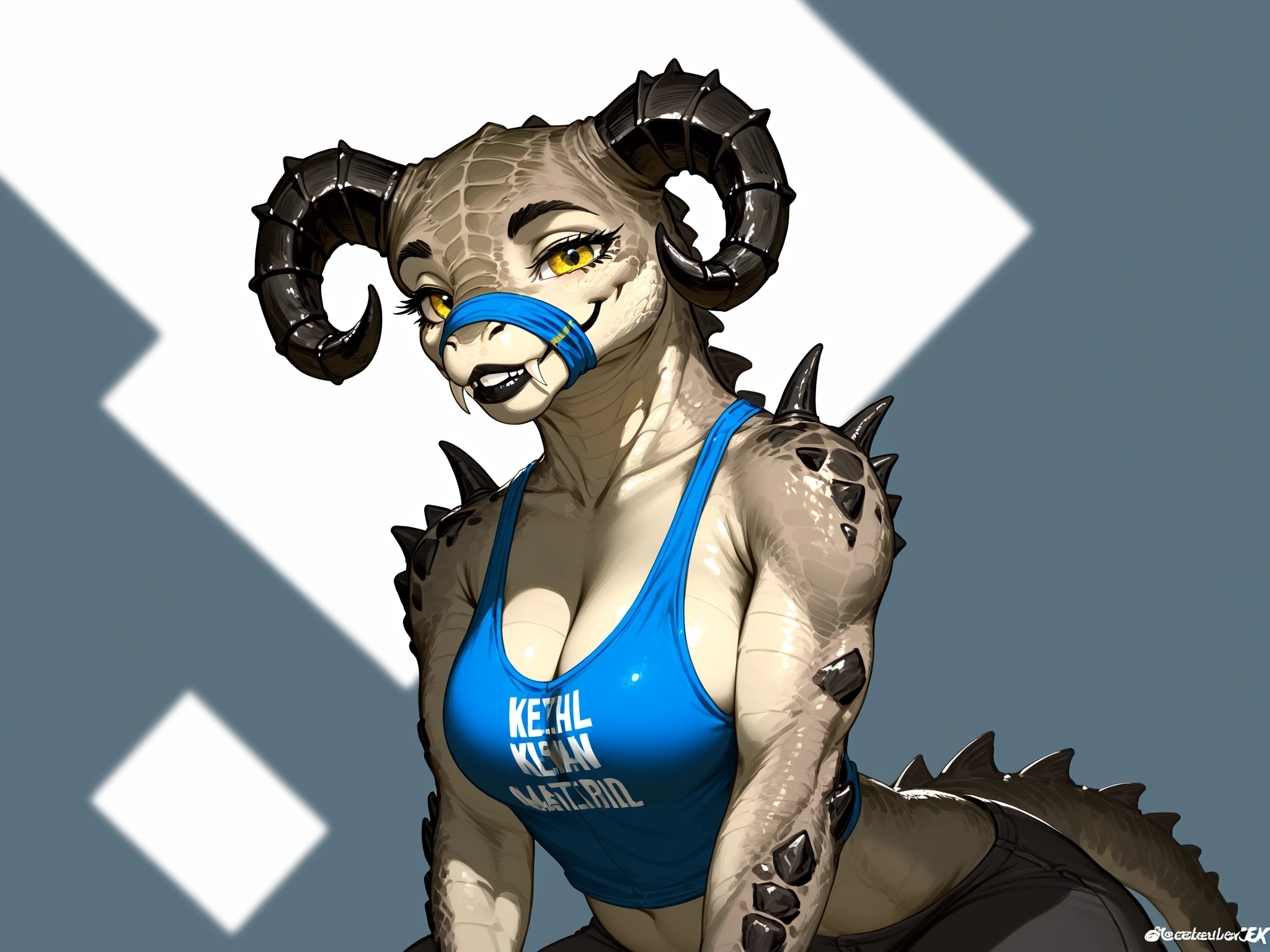 (((Masterpiece))), ((4k)), (best body), Solo, score_9,score_8_up,score_7_up, kemono style, Anthro deathclaw from fallout, Anthro reptile girl, snout, green scaled skin, gold eyes, black lips, black horns, black ram horns, athletic body, smiling, wearing  laced tank top and a small blue vail over bridge of nose, (detailed background), (full body) digitigrade legs, 