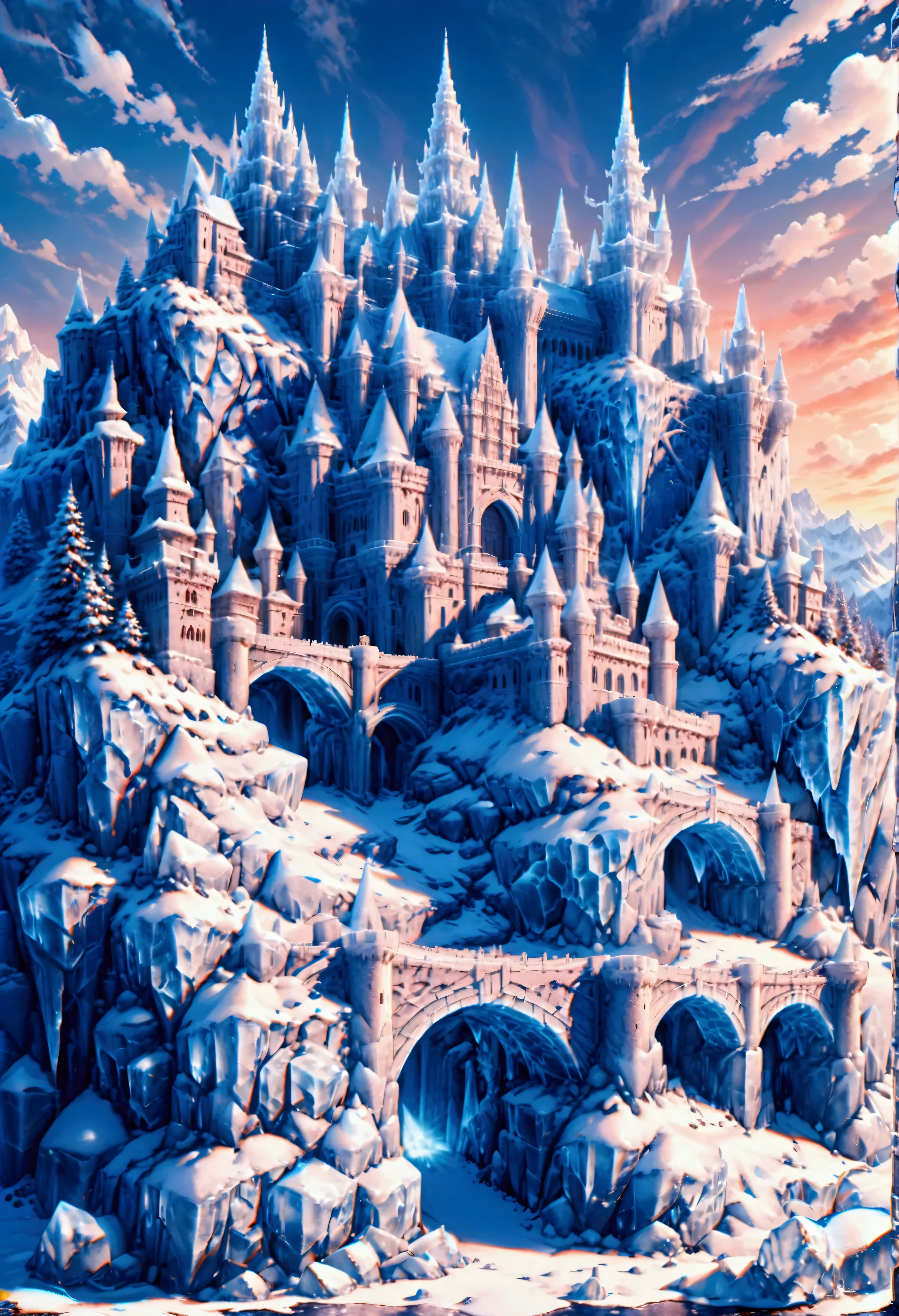 a panoramic award winning photography, Photorealistic, extremely detailed of a castle (made from ice: 1.3) standing on the peak of a snowy mountain, an impressive best detailed castle made from ice (Photorealistic, extremely detailed), with towers, bridges, a moat, standing on top of a snowy mountain (masterpiece, extremely detailed, best quality), with pine trees, sunset light, some clouds in the air,  alpine mountain range background, best realistic, best details, best quality, 16k, [ultra detailed], masterpiece, best quality, (extremely detailed), ultra wide shot, photorealism, depth of field, made of ais-icebaby
