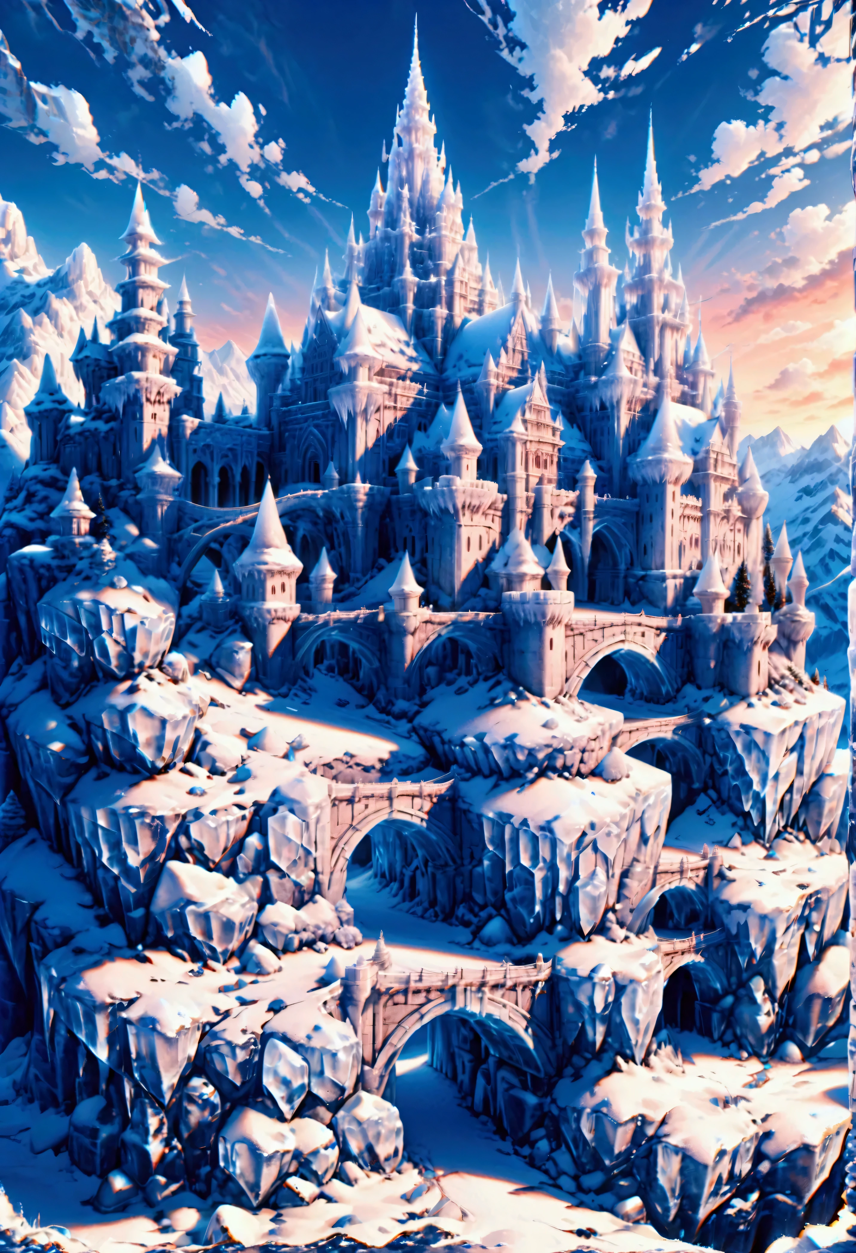 a panoramic award winning photography, Photorealistic, extremely detailed of a castle (made from ice: 1.3) standing on the peak of a snowy mountain, an impressive best detailed castle made from ice (Photorealistic, extremely detailed), with towers, bridges, a moat, standing on top of a snowy mountain (masterpiece, extremely detailed, best quality), with pine trees, sunset light, some clouds in the air,  alpine mountain range background, best realistic, best details, best quality, 16k, [ultra detailed], masterpiece, best quality, (extremely detailed), ultra wide shot, photorealism, depth of field, made of ais-icebaby
