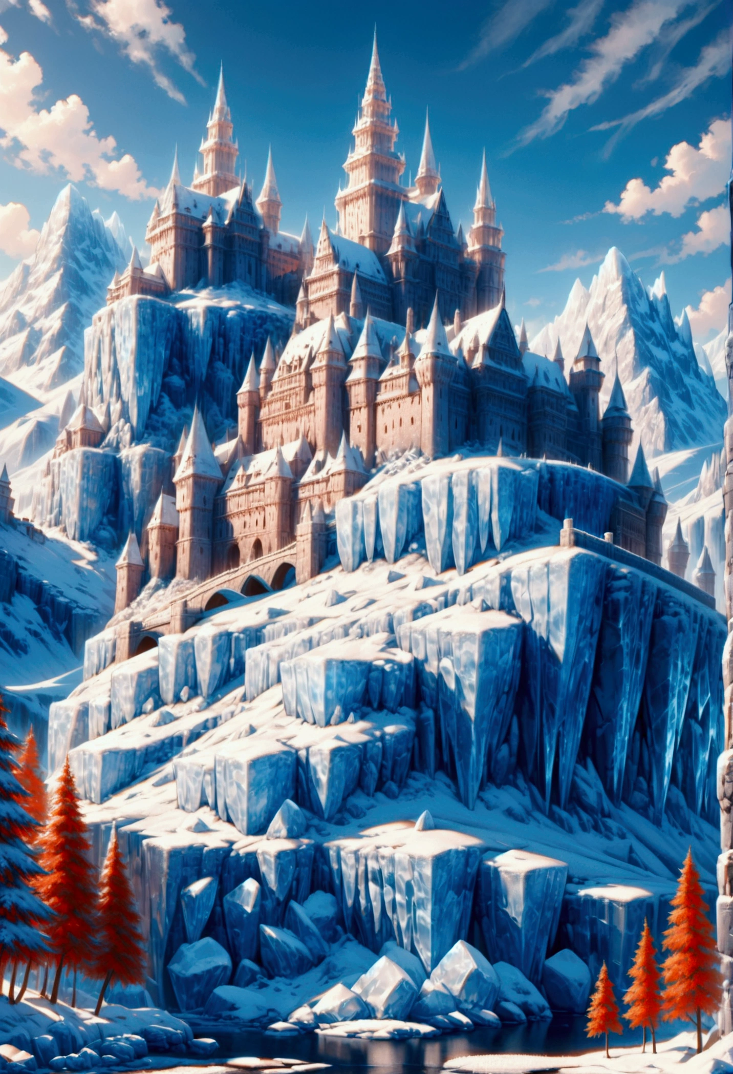 a panoramic award winning photography, Photorealistic, extremely detailed of a castle (made from ice: 1.3) standing on the peak of a snowy mountain, an impressive best detailed castle made from ice (Photorealistic, extremely detailed), with towers, bridges, a moat, standing on top of a snowy mountain (masterpiece, extremely detailed, best quality), with red trees, orange trees, sunset light, some clouds in the air,  alpine mountain range background, best realistic, best details, best quality, 16k, [ultra detailed], masterpiece, best quality, (extremely detailed), ultra wide shot, photorealism, depth of field, made of ais-icebaby, FlshfrGR
