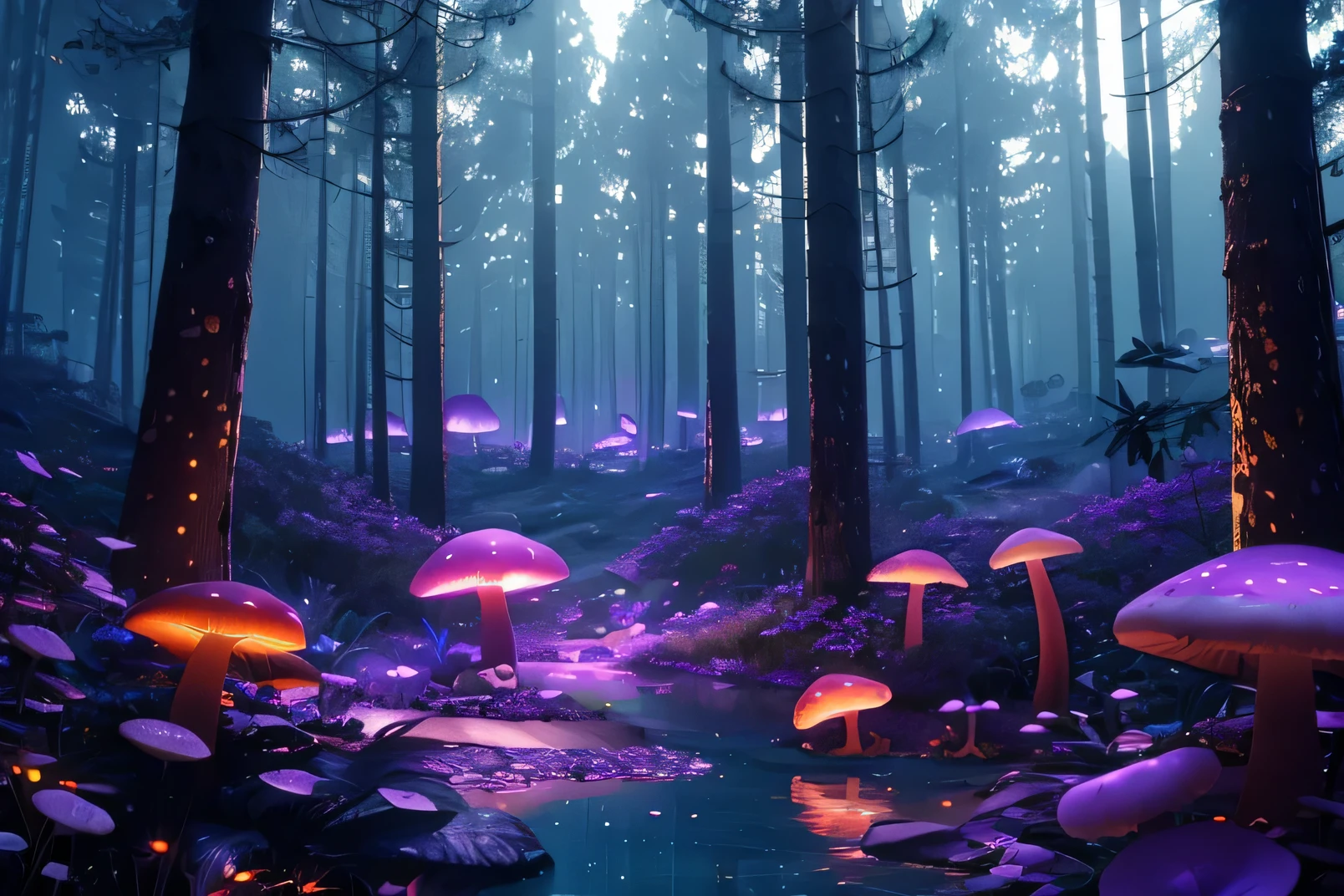 Imagine a large purple-orange luminous mushroom in the middle of an ominous forest full of strange plants and clear water,clocks in background, smoke, volumetric, cinematic lighting, very high quality