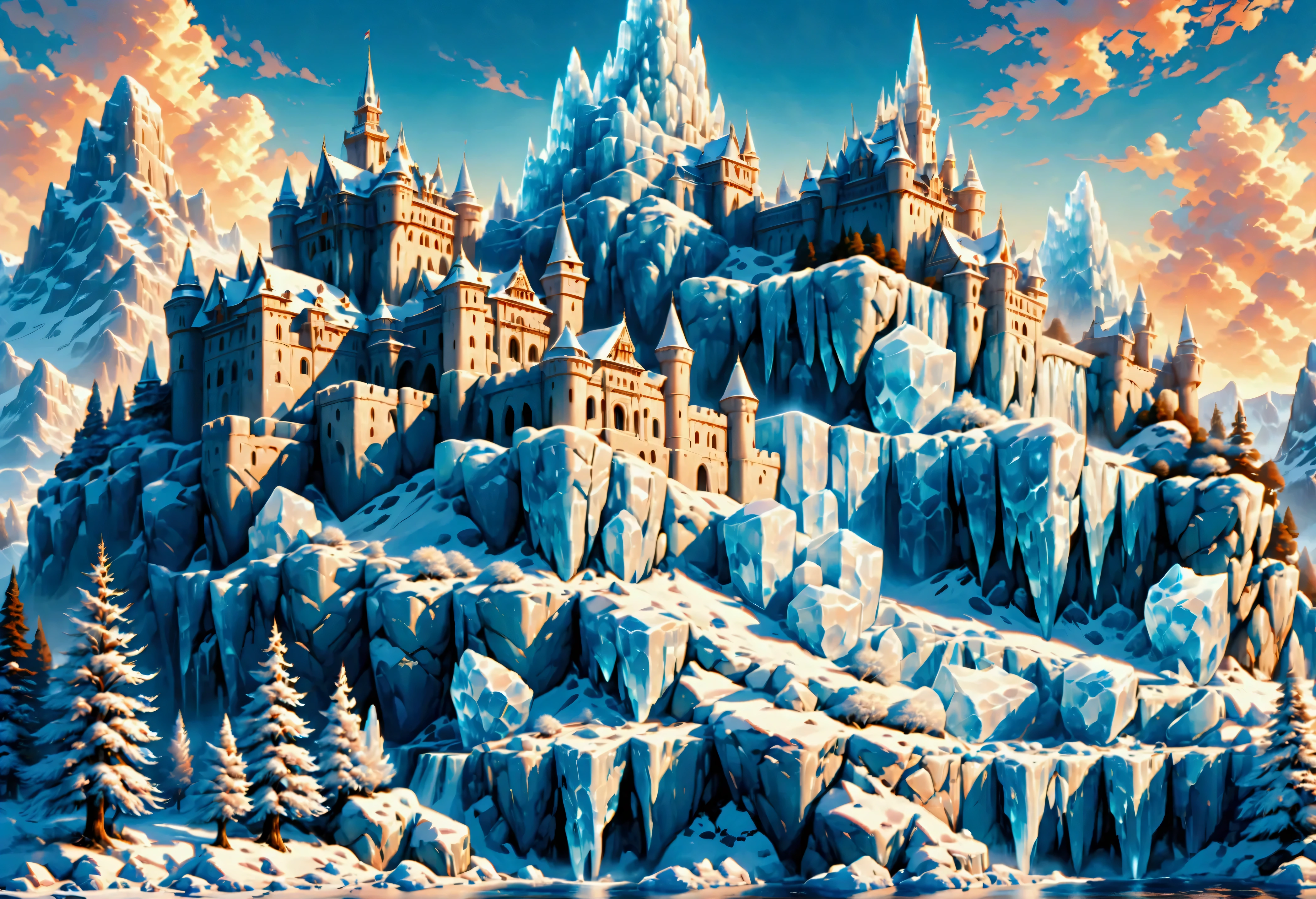 a panoramic award winning photography, Photorealistic, extremely detailed of a castle (made from ice: 1.3) standing on the peak of a snowy mountain, an impressive best detailed castle made from ice (Photorealistic, extremely detailed), with towers, bridges, a moat, standing on top of a snowy mountain (masterpiece, extremely detailed, best quality), with pine trees, sunset light, some clouds in the air,  alpine mountain range background, best realistic, best details, best quality, 16k, [ultra detailed], masterpiece, best quality, (extremely detailed), ultra wide shot, photorealism, depth of field, made of ais-icebaby
