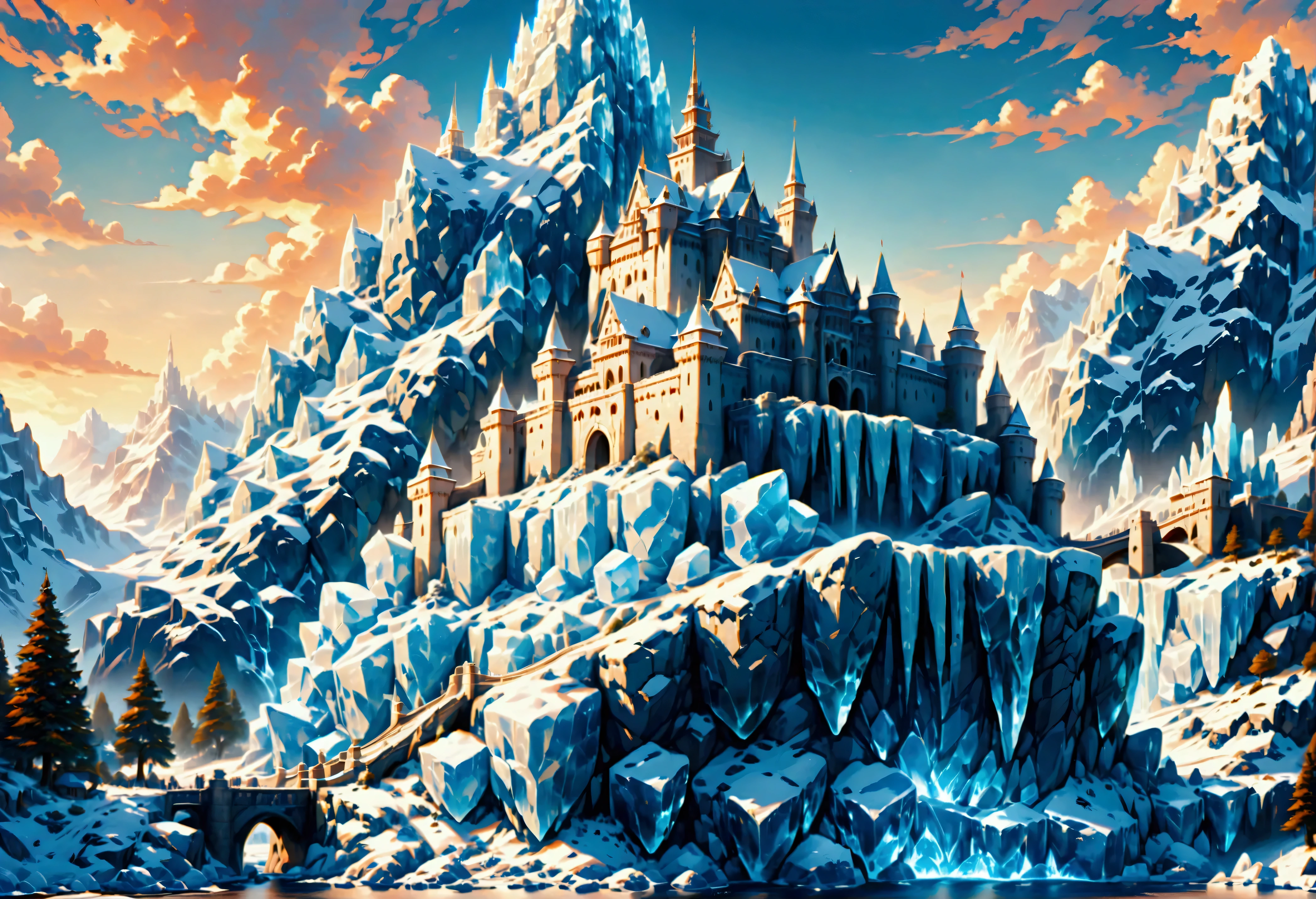 a panoramic award winning photography, Photorealistic, extremely detailed of a castle (made from ice: 1.3) standing on the peak of a snowy mountain, an impressive best detailed castle made from ice (Photorealistic, extremely detailed), with towers, bridges, a moat, standing on top of a snowy mountain (masterpiece, extremely detailed, best quality), with pine trees, sunset light, some clouds in the air,  alpine mountain range background, best realistic, best details, best quality, 16k, [ultra detailed], masterpiece, best quality, (extremely detailed), ultra wide shot, photorealism, depth of field, made of ais-icebaby
