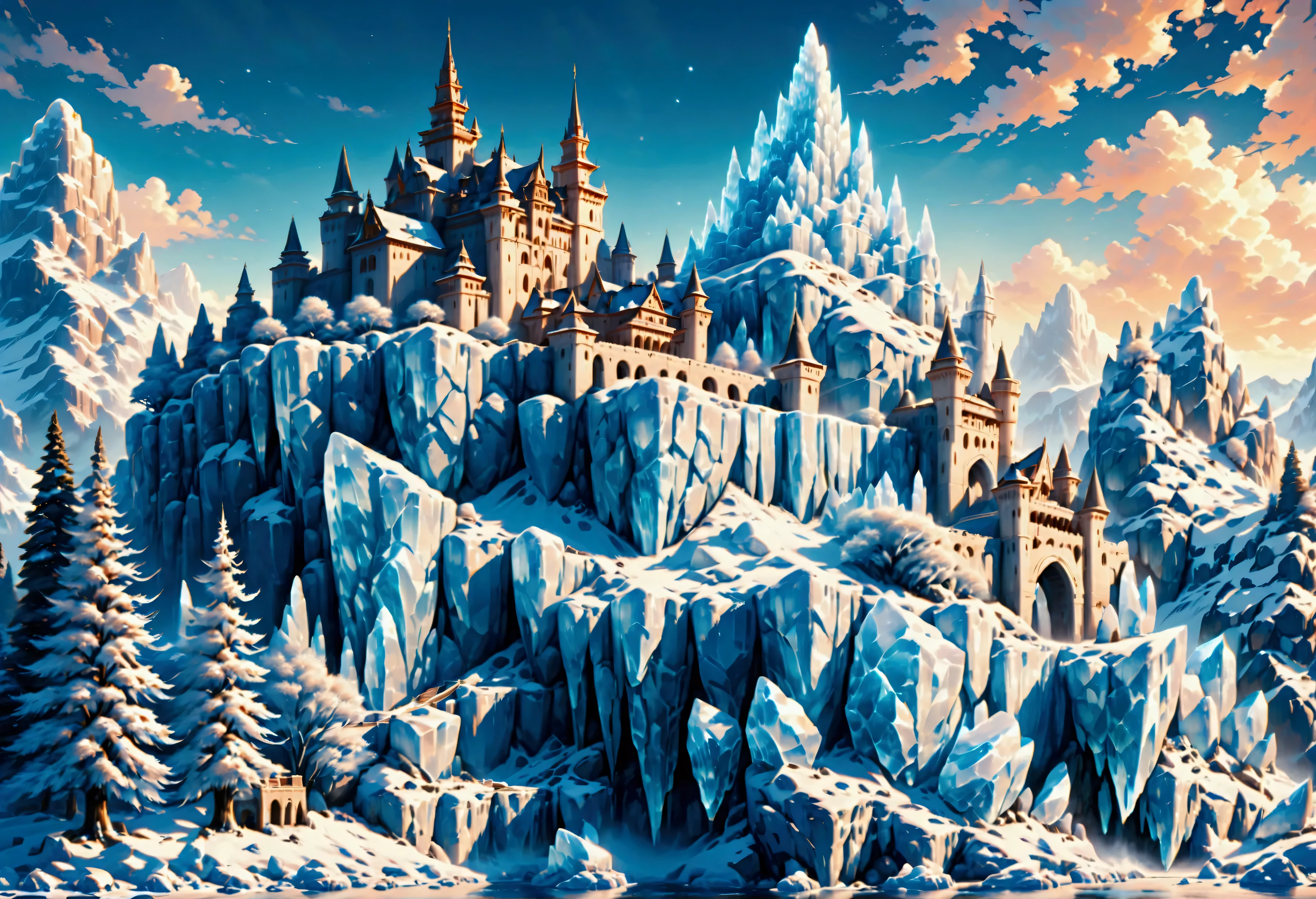 a panoramic award winning photography, Photorealistic, extremely detailed of a castle (made from ice: 1.3) standing on the peak of a snowy mountain, an impressive best detailed castle made from ice (Photorealistic, extremely detailed), with towers, bridges, a moat, standing on top of a snowy mountain (masterpiece, extremely detailed, best quality), with pine trees, sunset light, some clouds in the air,  alpine mountain range background, best realistic, best details, best quality, 16k, [ultra detailed], masterpiece, best quality, (extremely detailed), ultra wide shot, photorealism, depth of field, made of ais-icebaby
